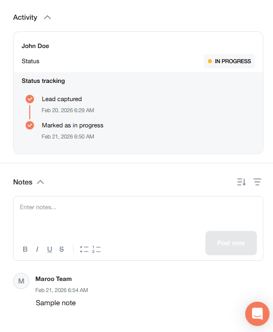 Sample lead activity and internal notes in Maroo.