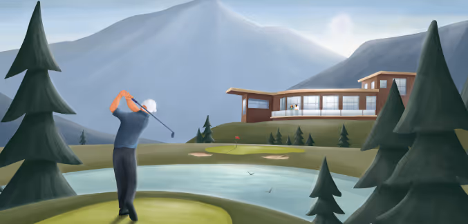 A digital illustration of a golfer mid swing at the Yellowstone Club