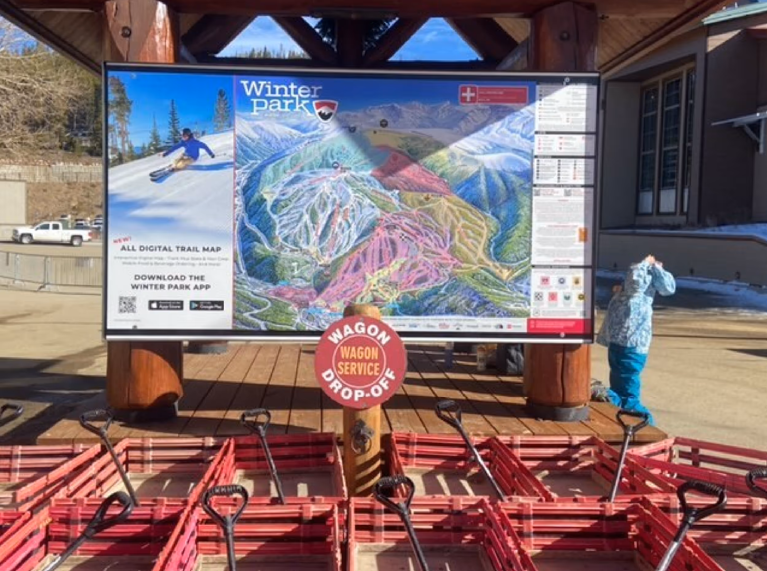 A park map at Winter Park Resort showcasing one of Charles Stemen Studio's images as part of the sign display 