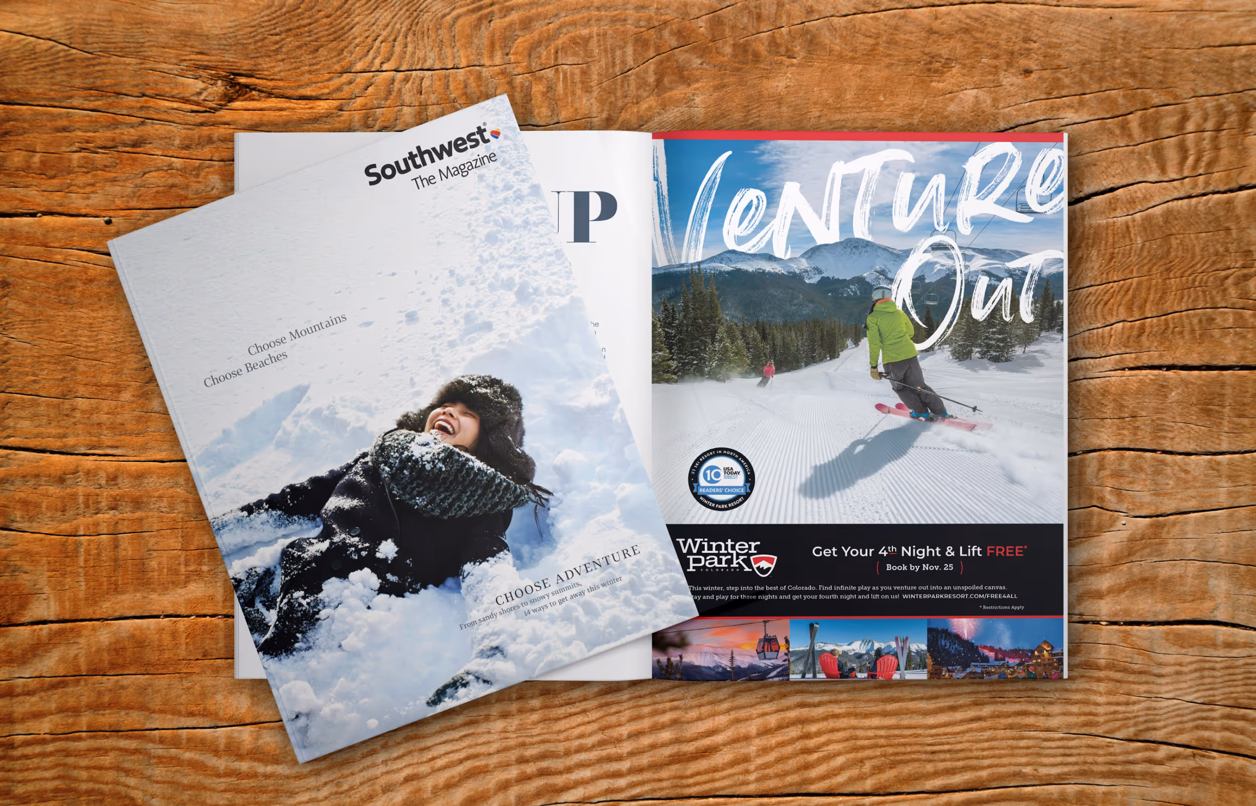 Southwest Magazine showing some Winter Park Resort Ads that voucher that uses one of Charles Stemen Studio's images of a skier enjoying some  sunny turns