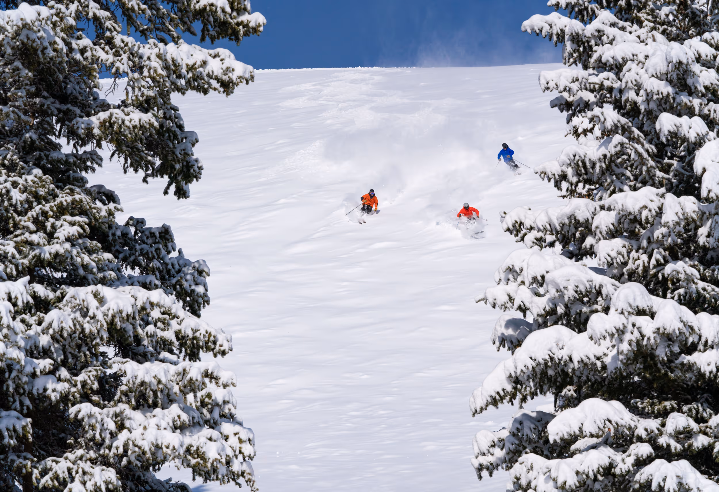 3 skiers racing down a large ski run 