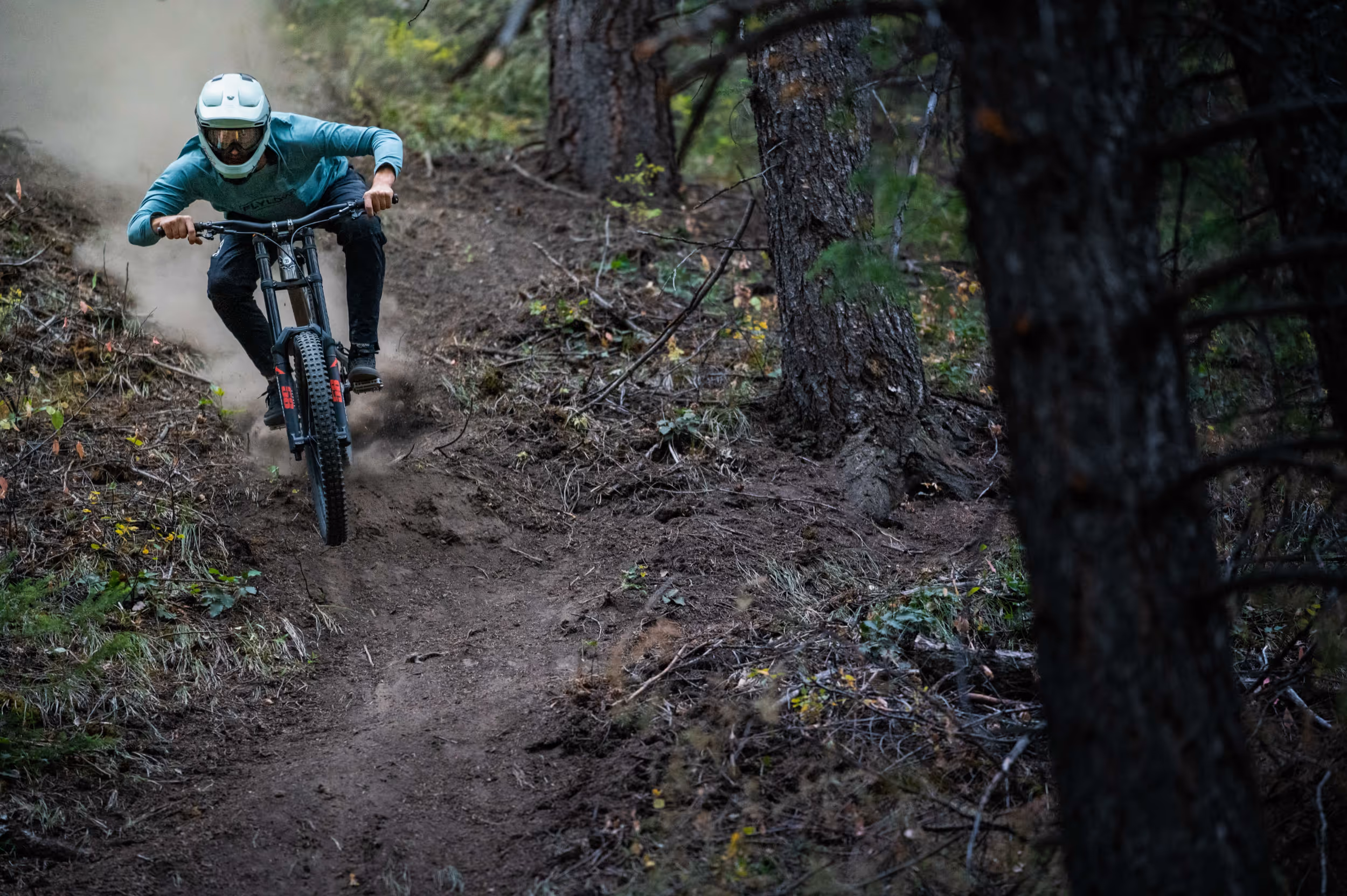 A mountain biker bombing down a forested trail 