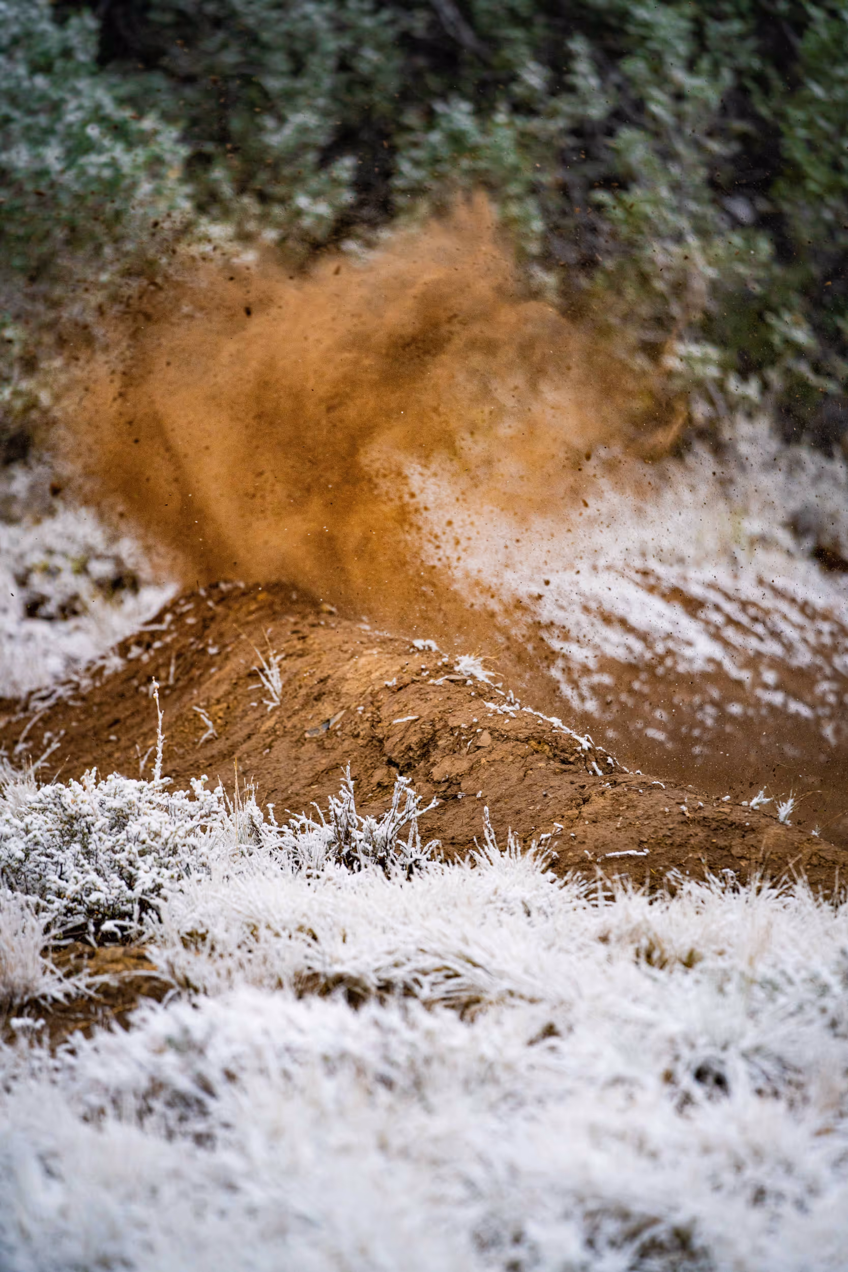 A sick shot of dirt getting sprayed off of a snowy berm from a mountain bike 