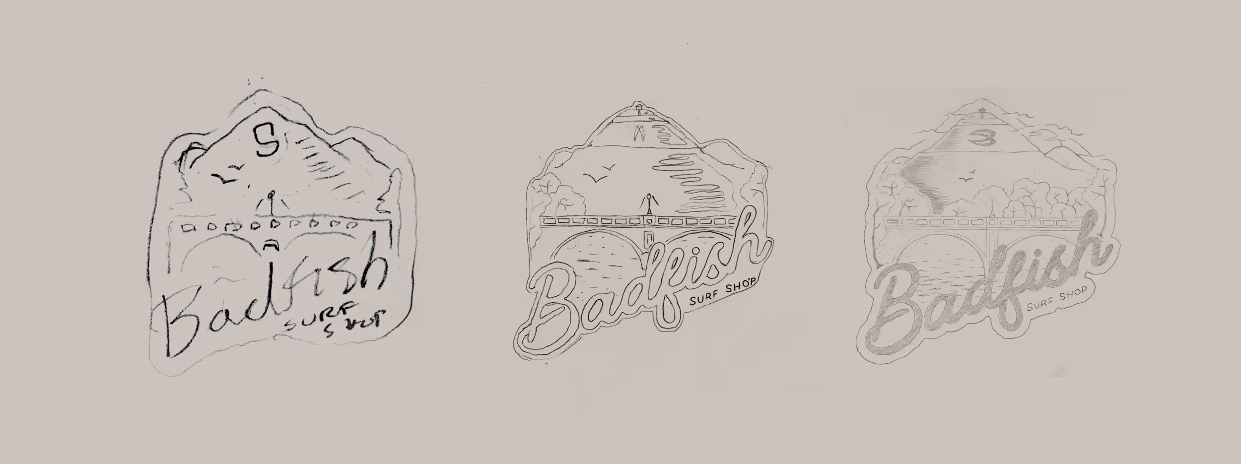 Some different iterations of the badfish tshirt design showing the brand name with a bridge and mountain in the background