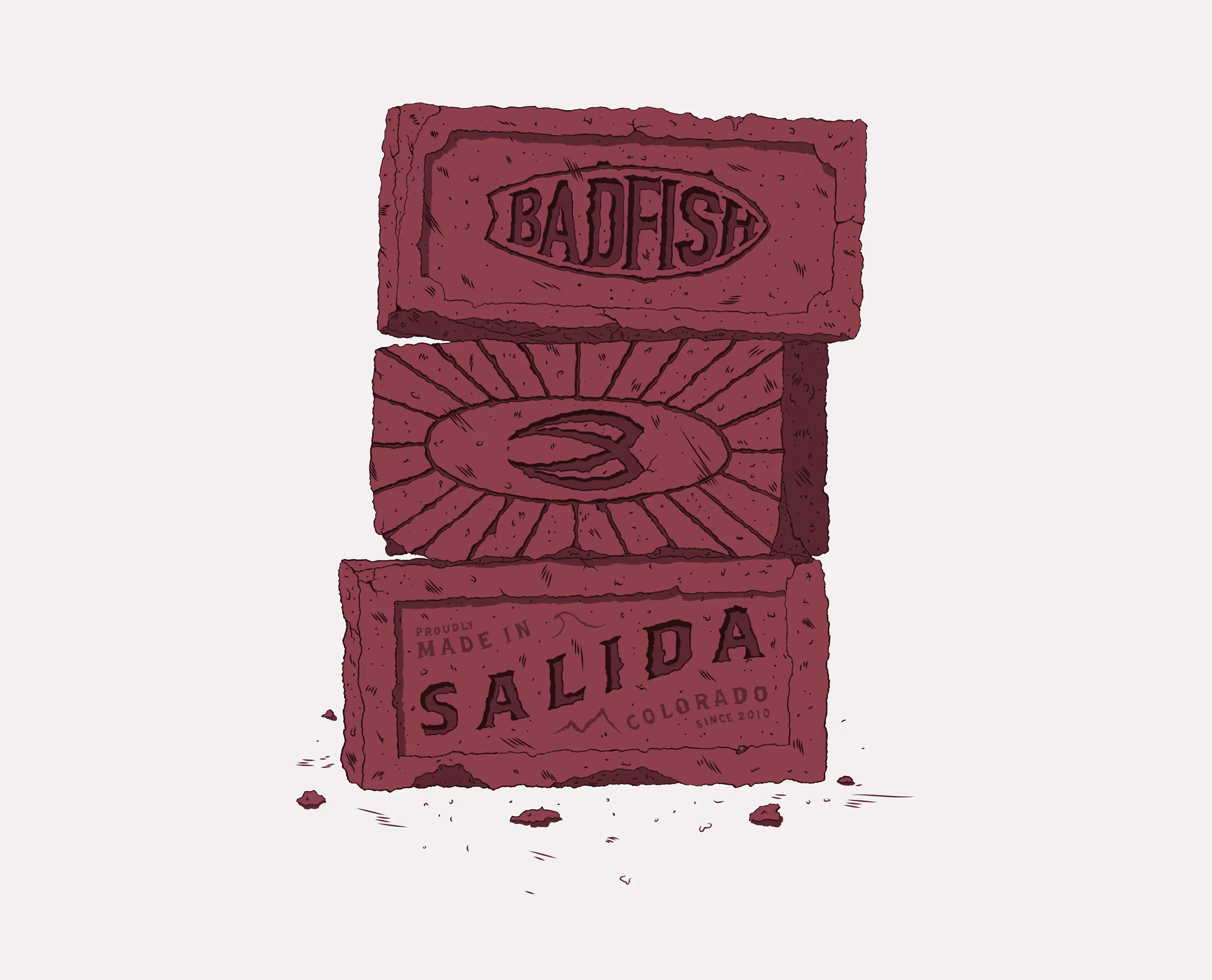 An digital logo showing vintage stamped bricks with the Badfish brandname on the top brick, and "made in Salida, Colorado" in the bottom brick 