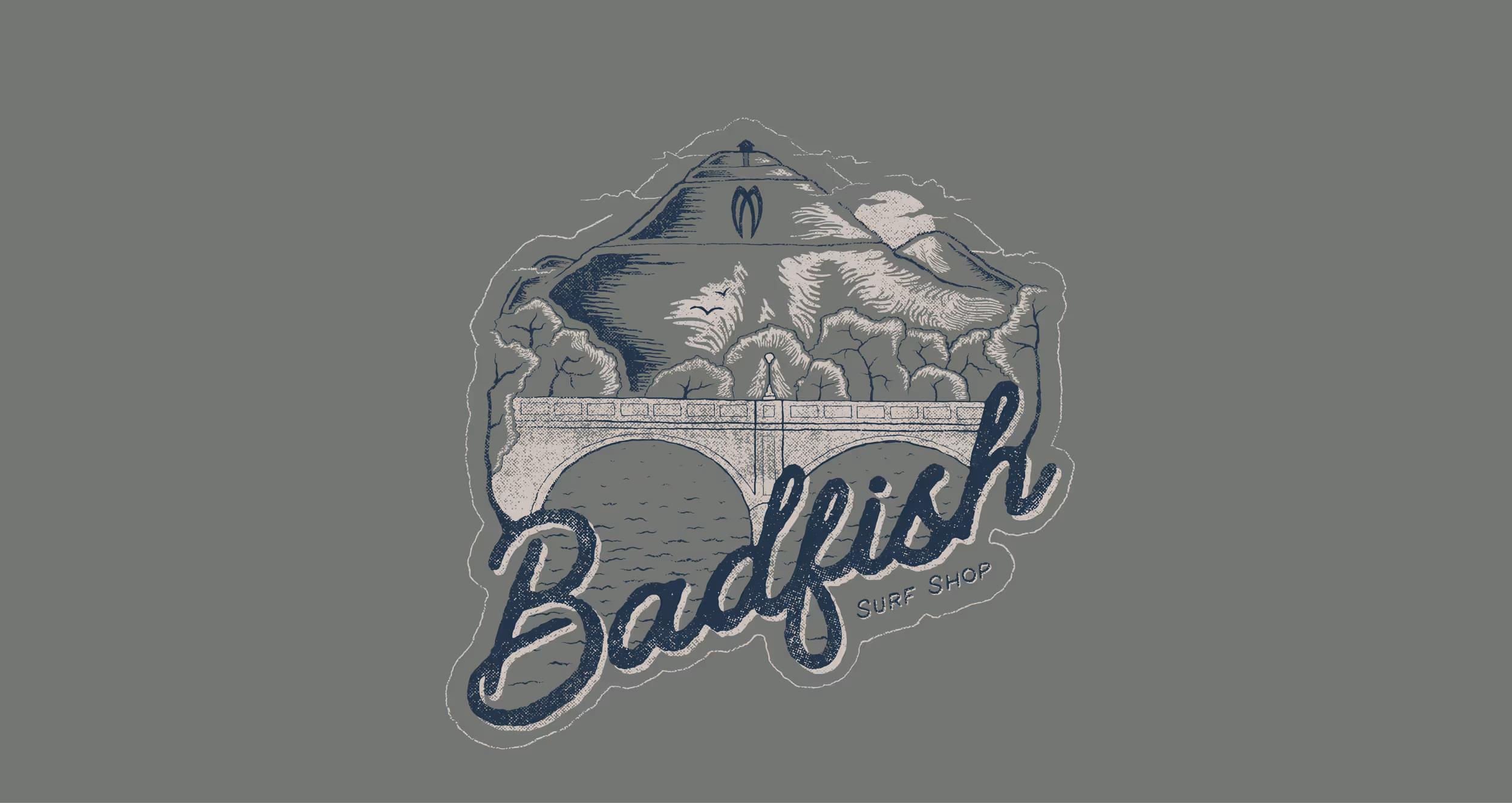 Graphics for a Badfish t-shirt showing the brand name and a bridge with a mountain in the background