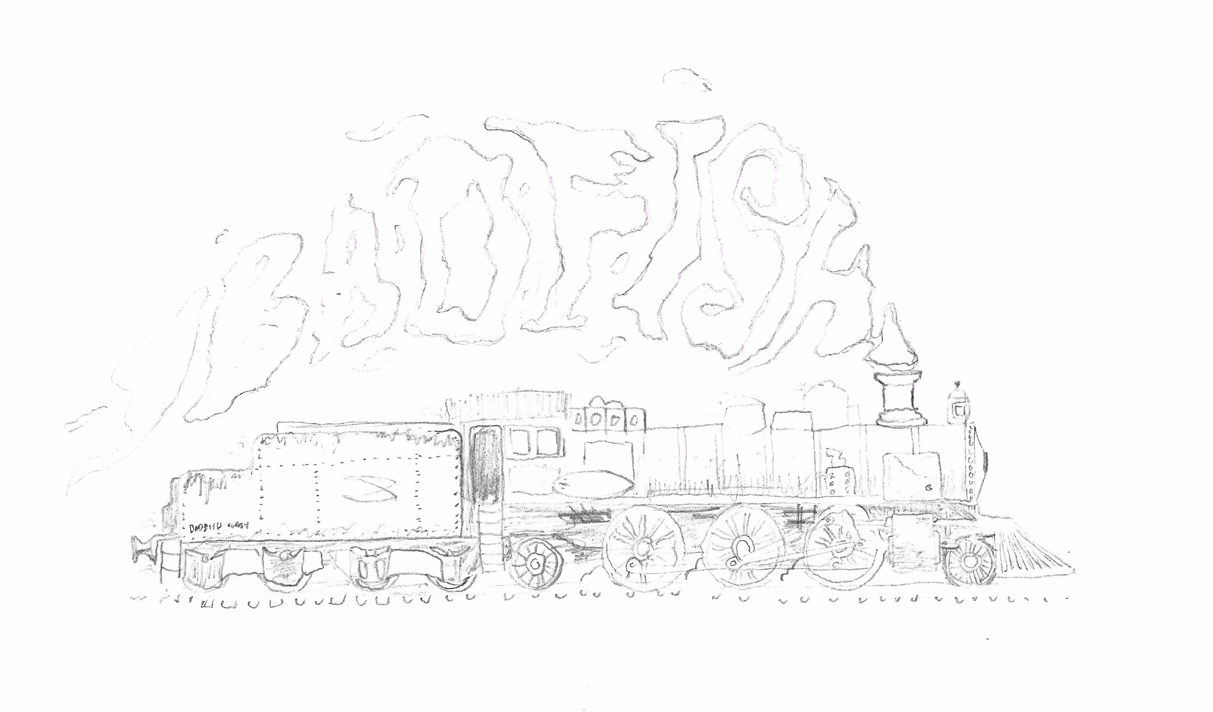 An illustration of an old school old school locomotive engine with the  brand name 'badfish' spelled out in the engine exhaust 
