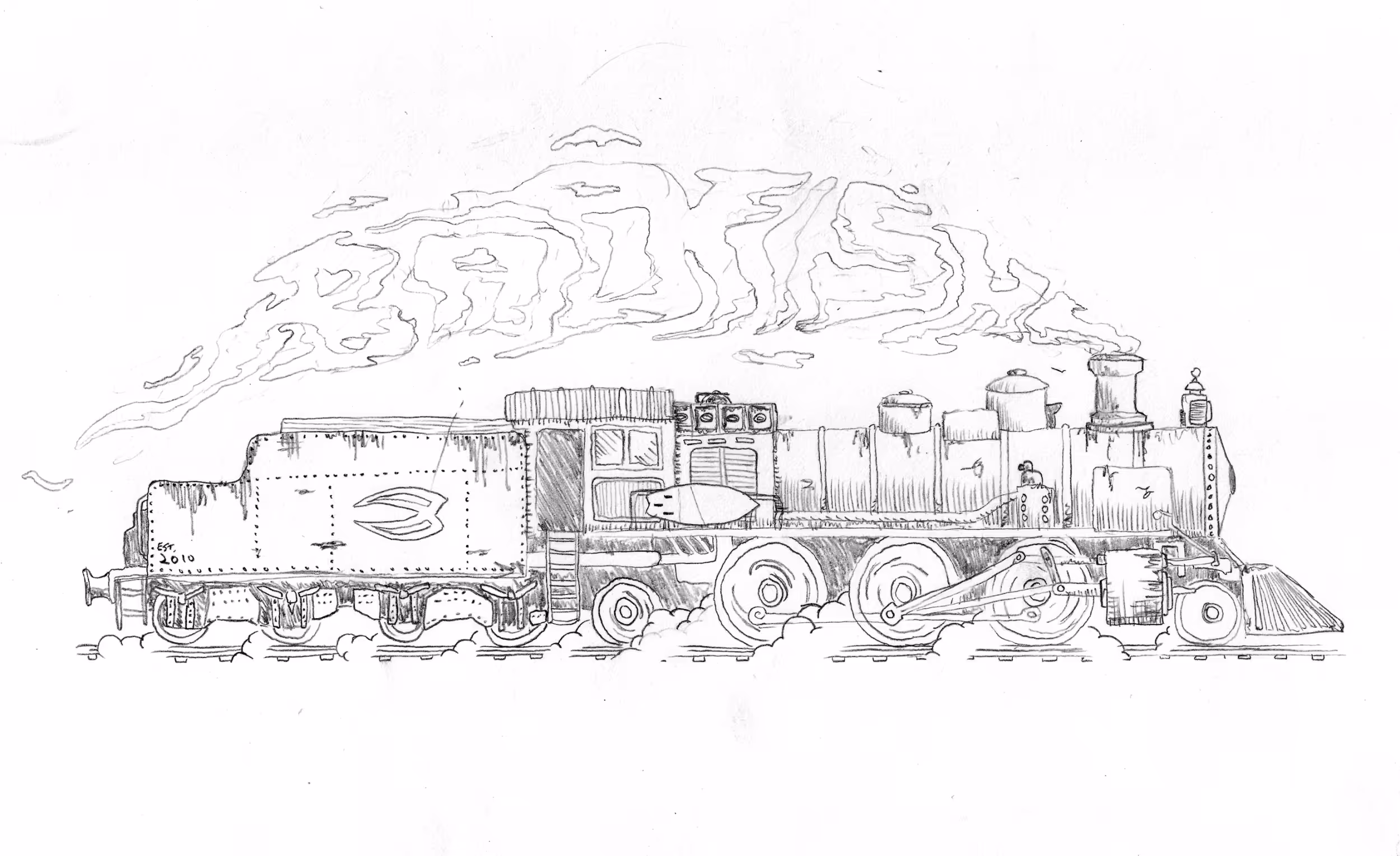 An illustration of an old school old school locomotive engine with the  brand name 'badfish' spelled out in the engine exhaust 