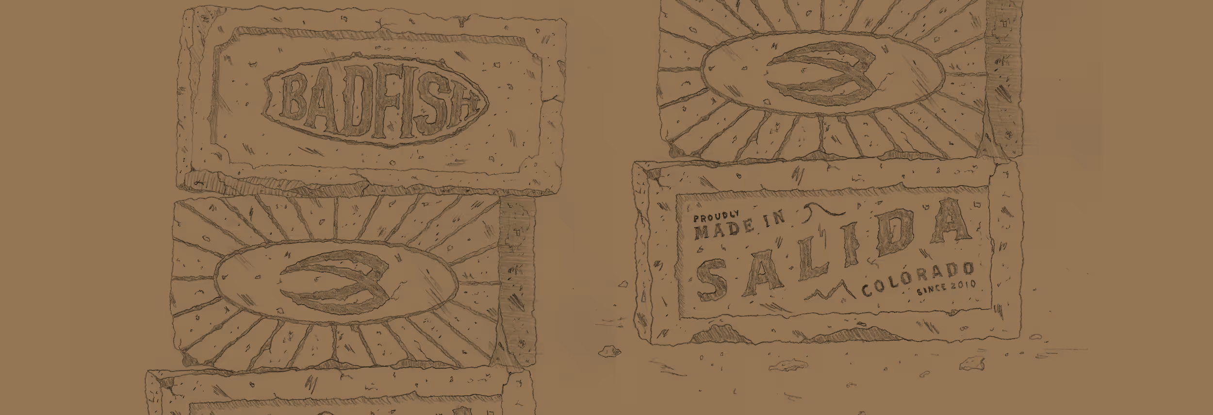 An digital logo showing vintage stamped bricks with the Badfish brandname on the top brick, and "made in Salida, Colorado" in the bottom brick 