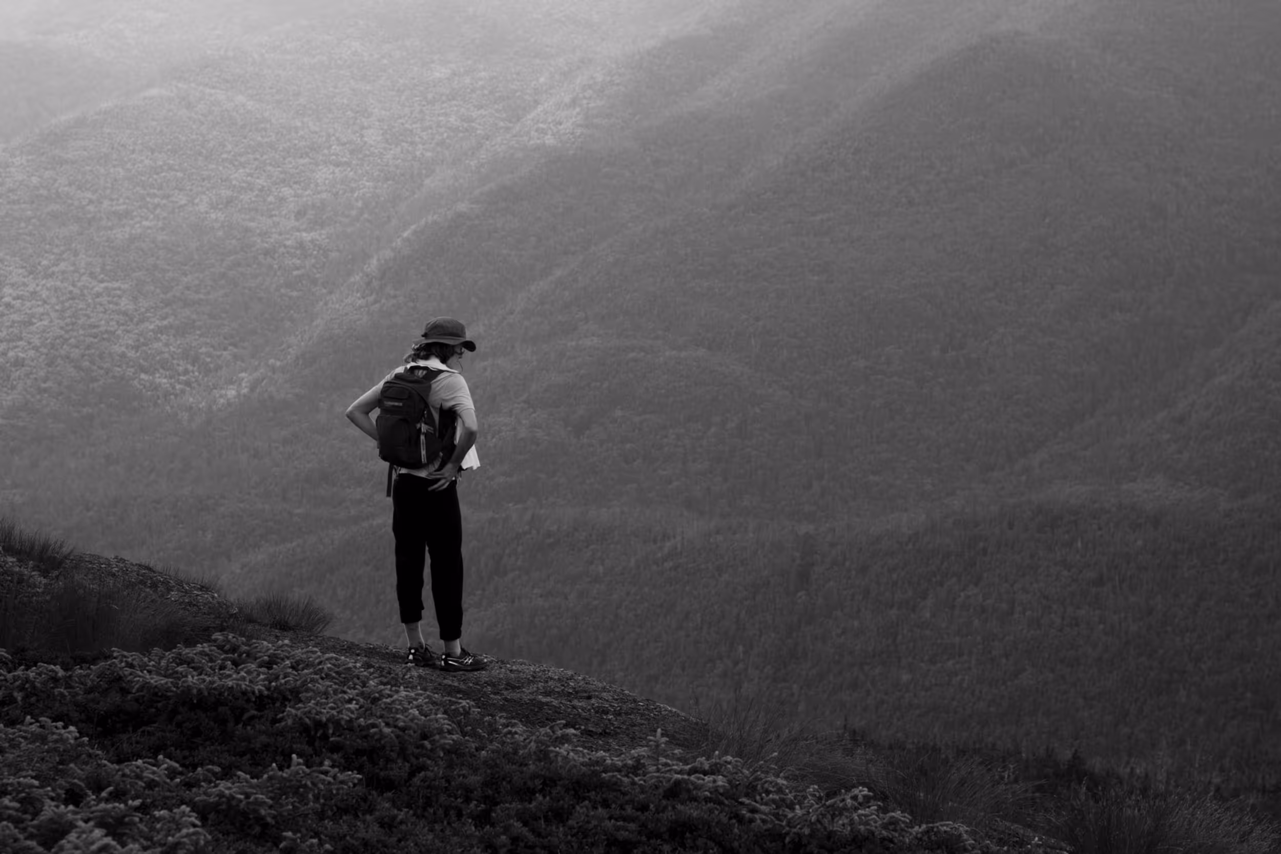 A black and white image of a hiker looking down a gully