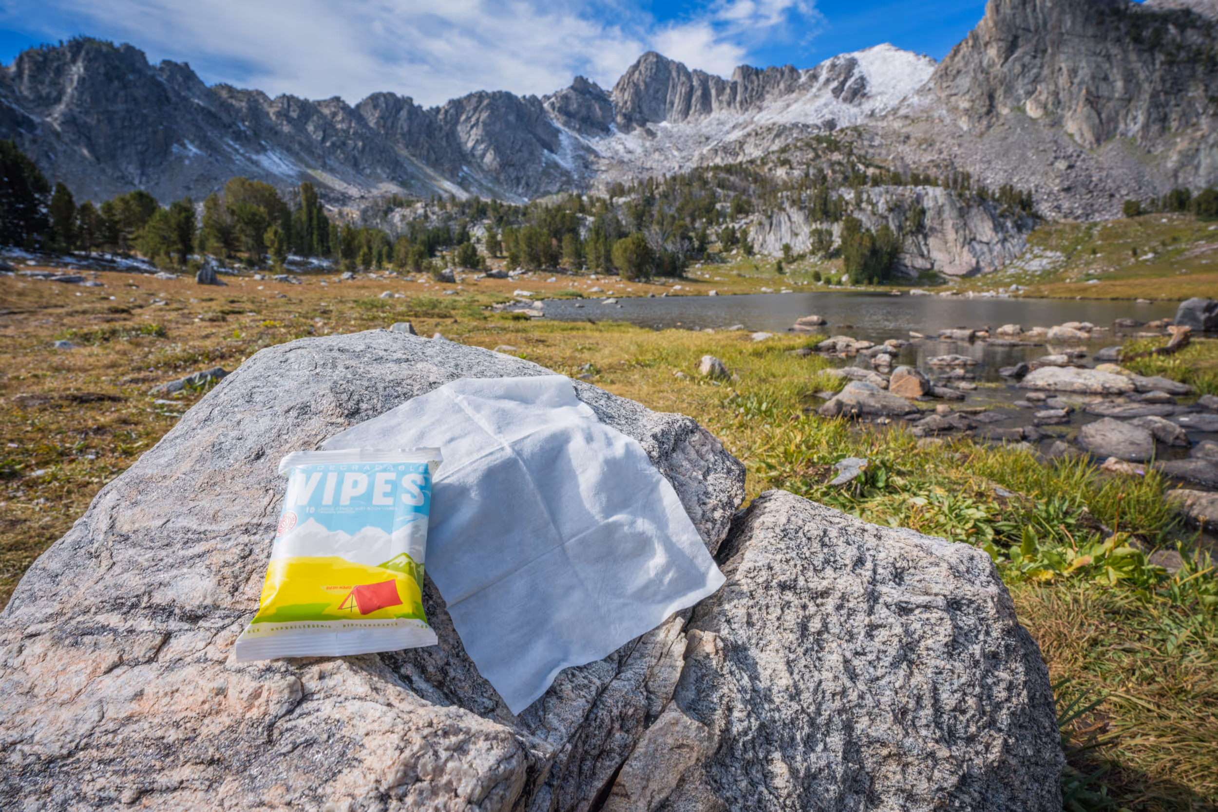 Bar-D wipes in the wild: Laid over a rock with a mountain in the background