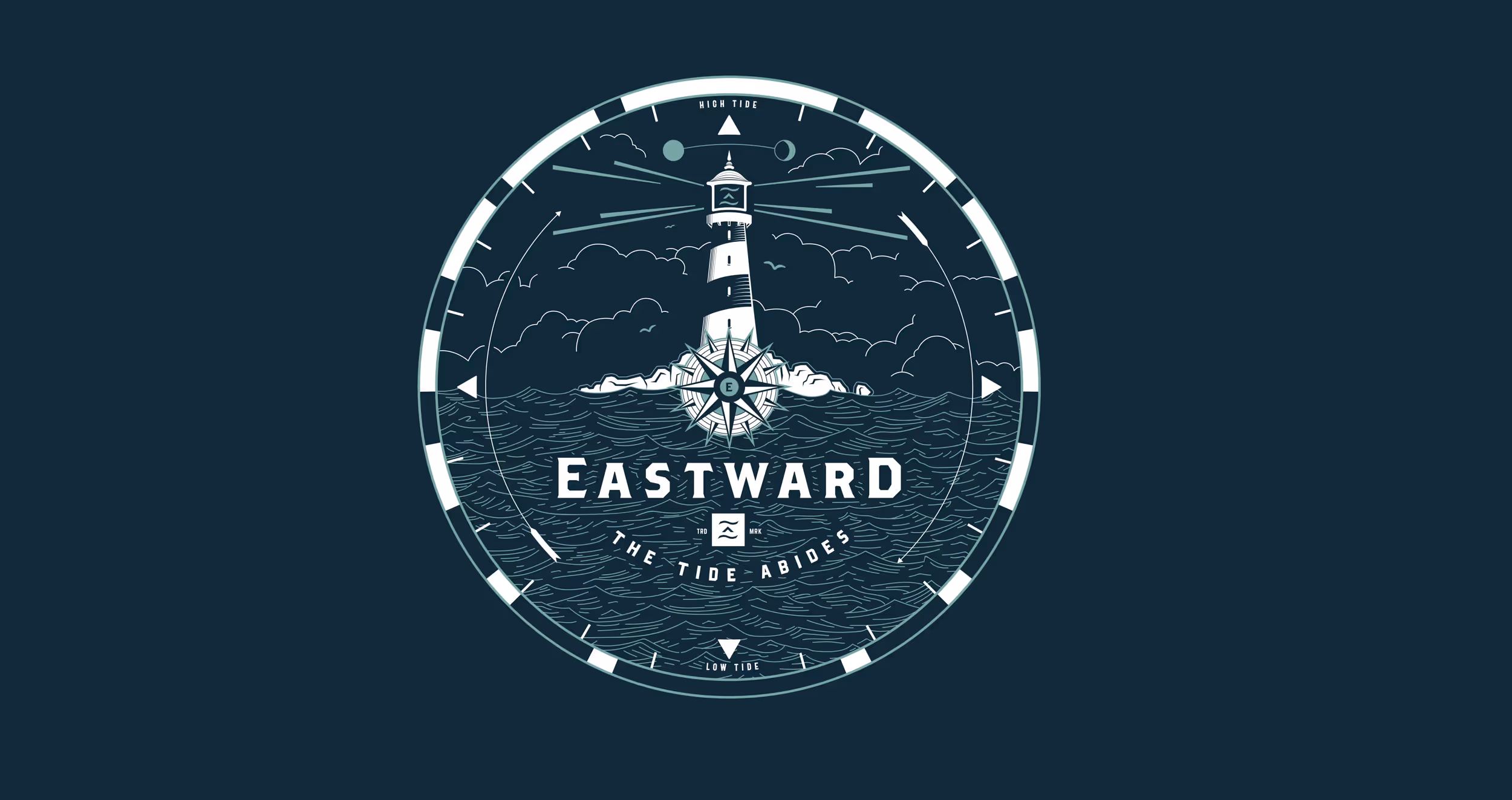 Eastward graphic with dark navy blue background, and a white lighthouse 