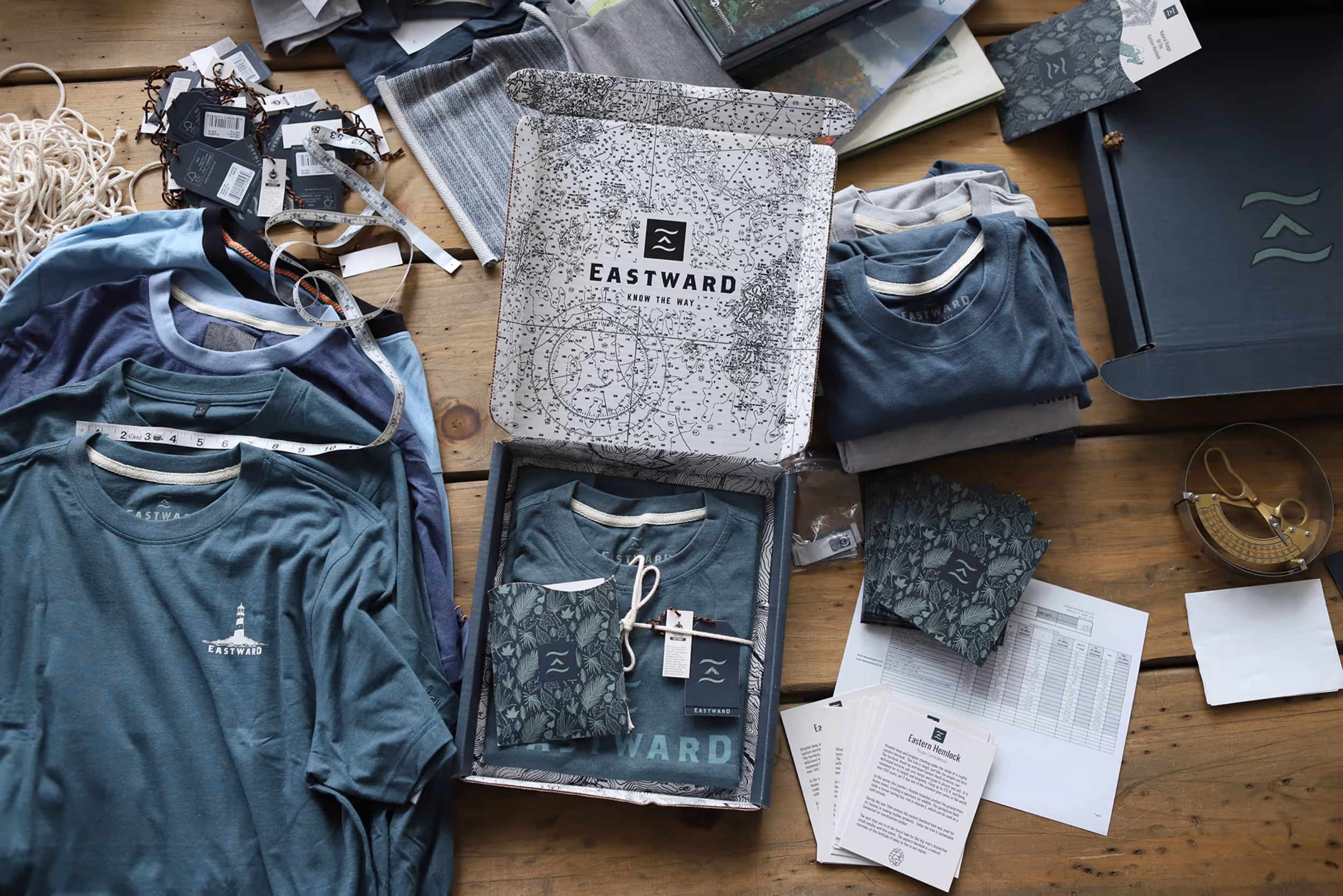 A well placed assortment of Eastward apparel on a table