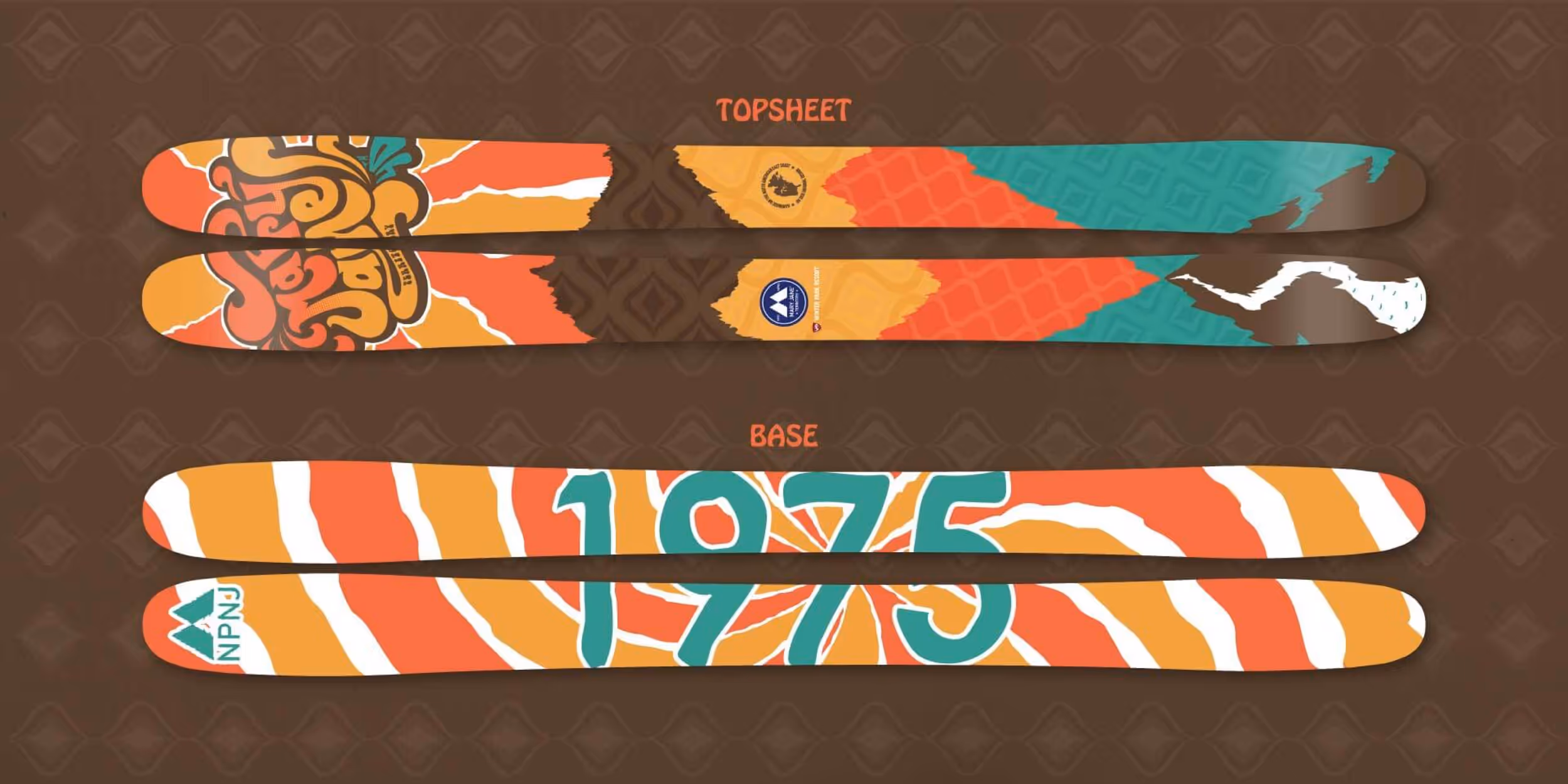 The top and bottom of a pair of groovy skies designed especially for Mary Jane