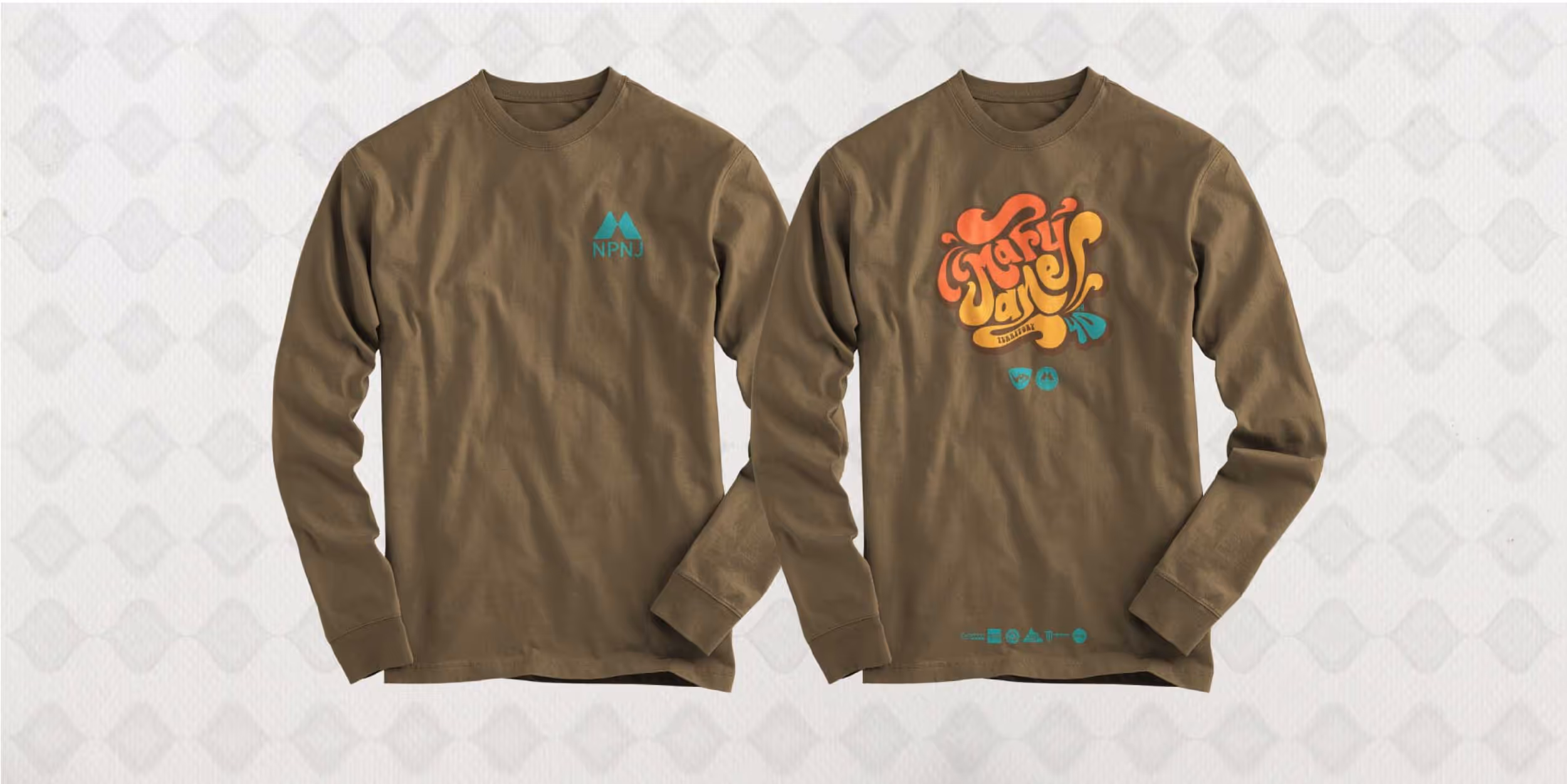 Some groovy Mary Jane graphics on brown long sleeve shirts 