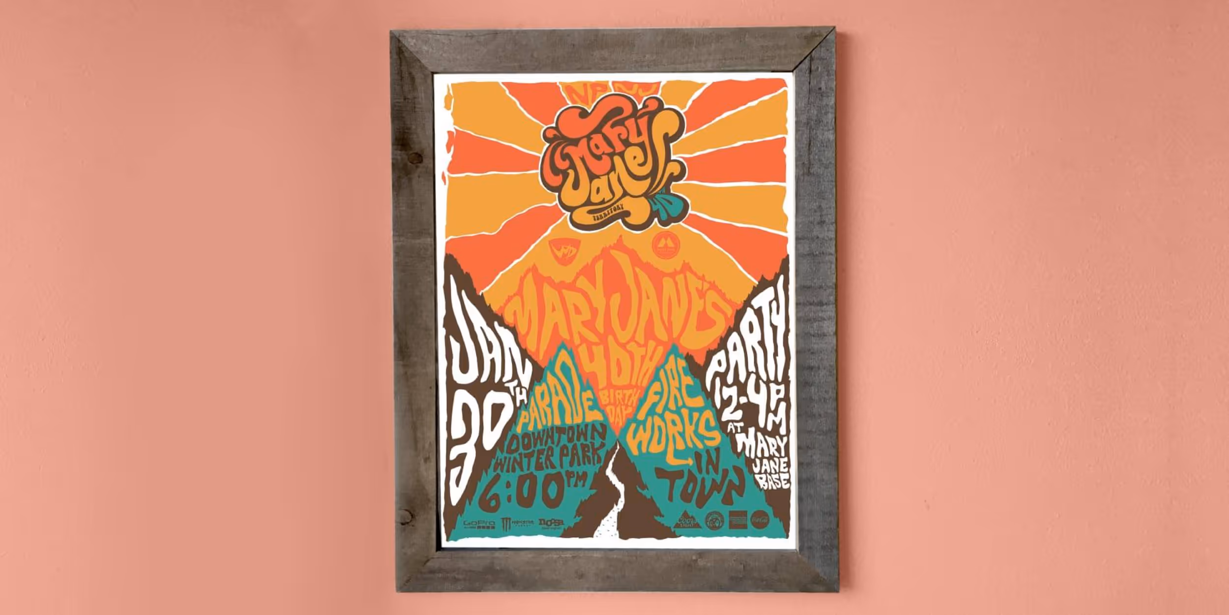 A framed poster of Mary Jane's 40th birthday party