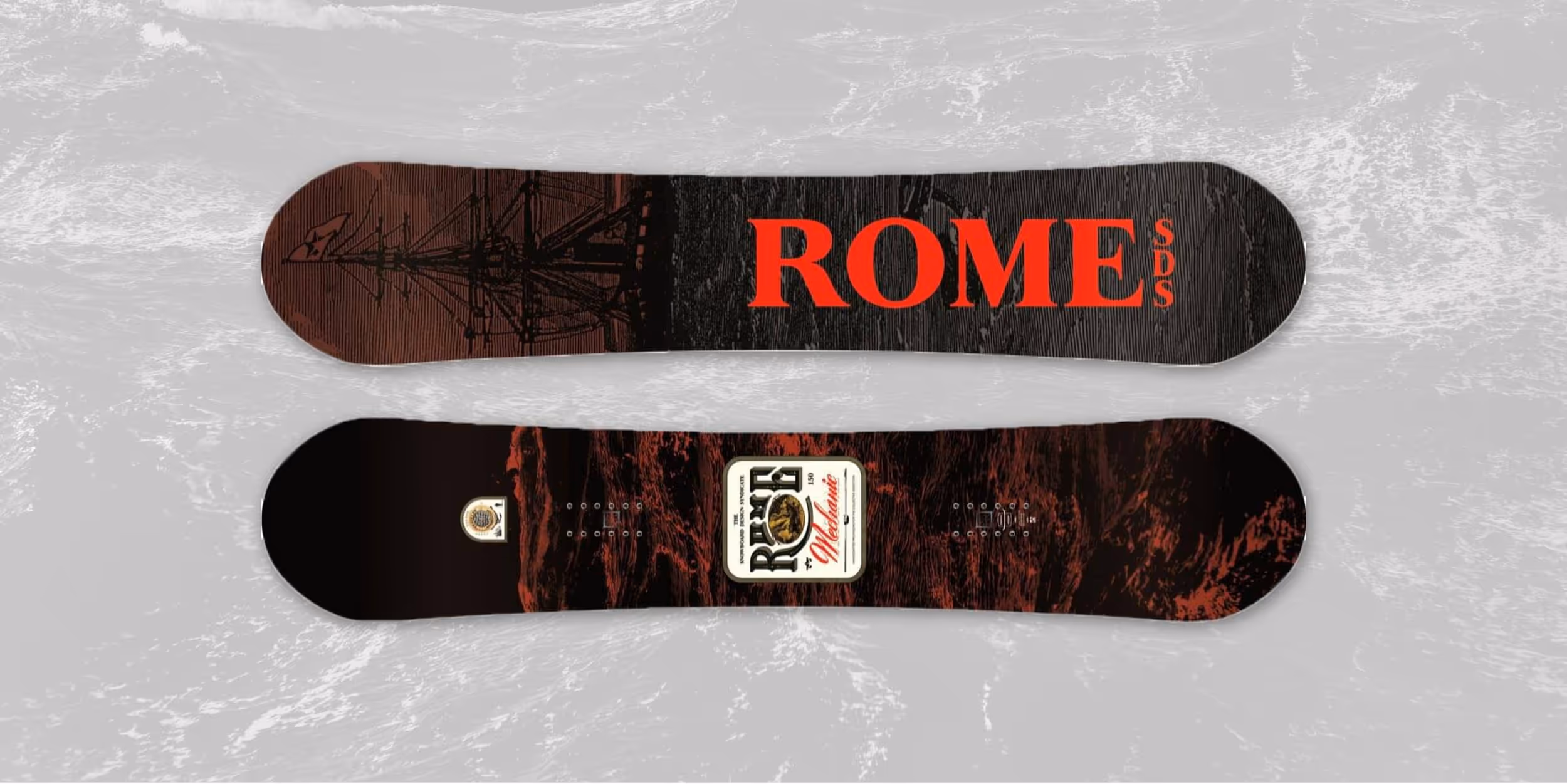 The top and bottom of a snowboard for Rome Snowboards 
