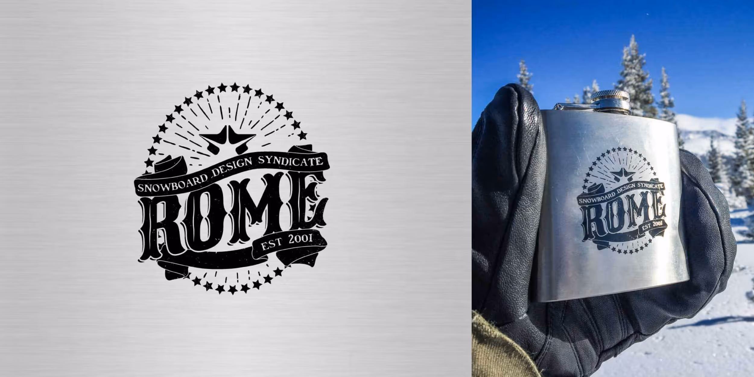 A cluster of graphics, the left being a logo for Rome Snowboards, and the right being that logo on a small flask being help up in front of a snowy forest 