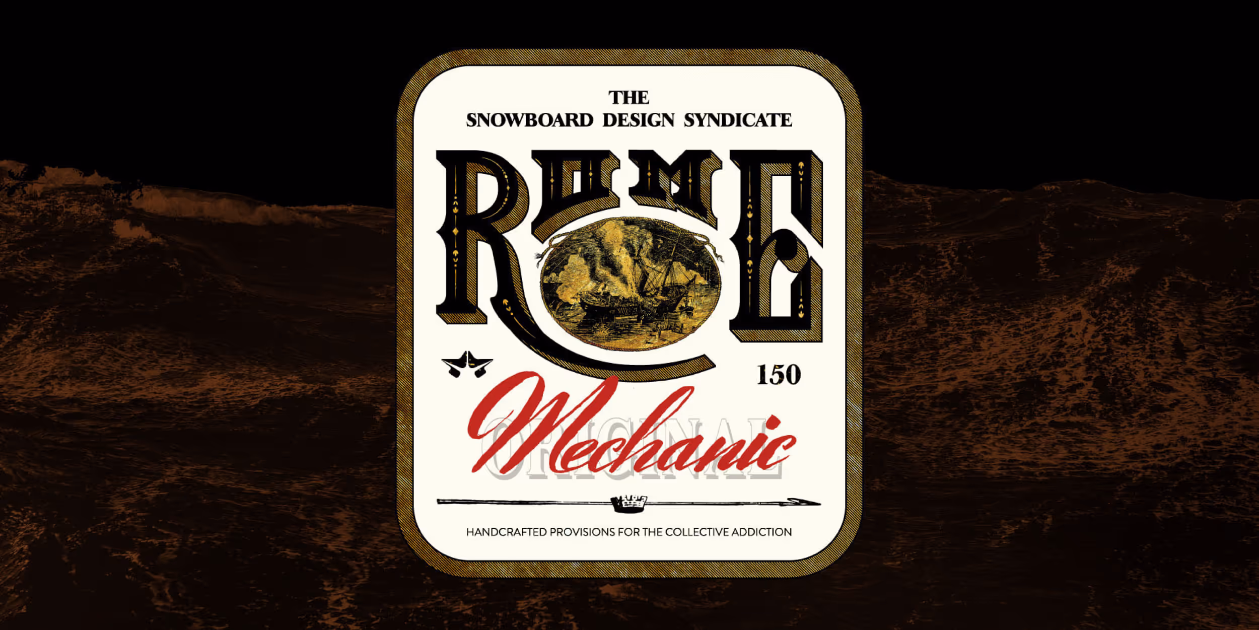 A closeup of the Rome Snowboard graphic that reads "mechanic" 