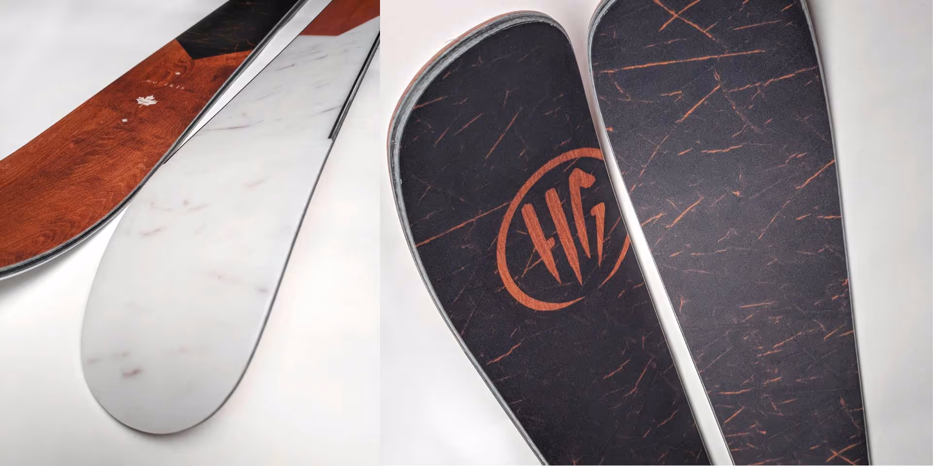 A view of the top and bottom of HG skis 