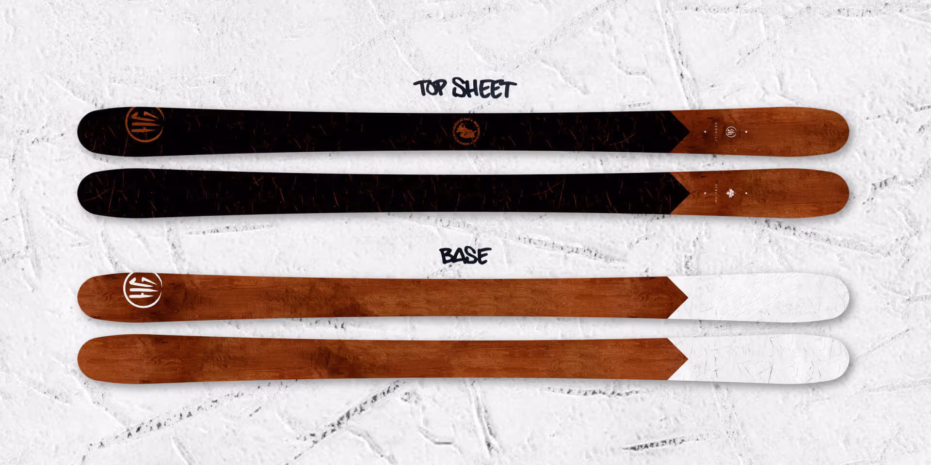 A view of the top and bottom of HG skis 