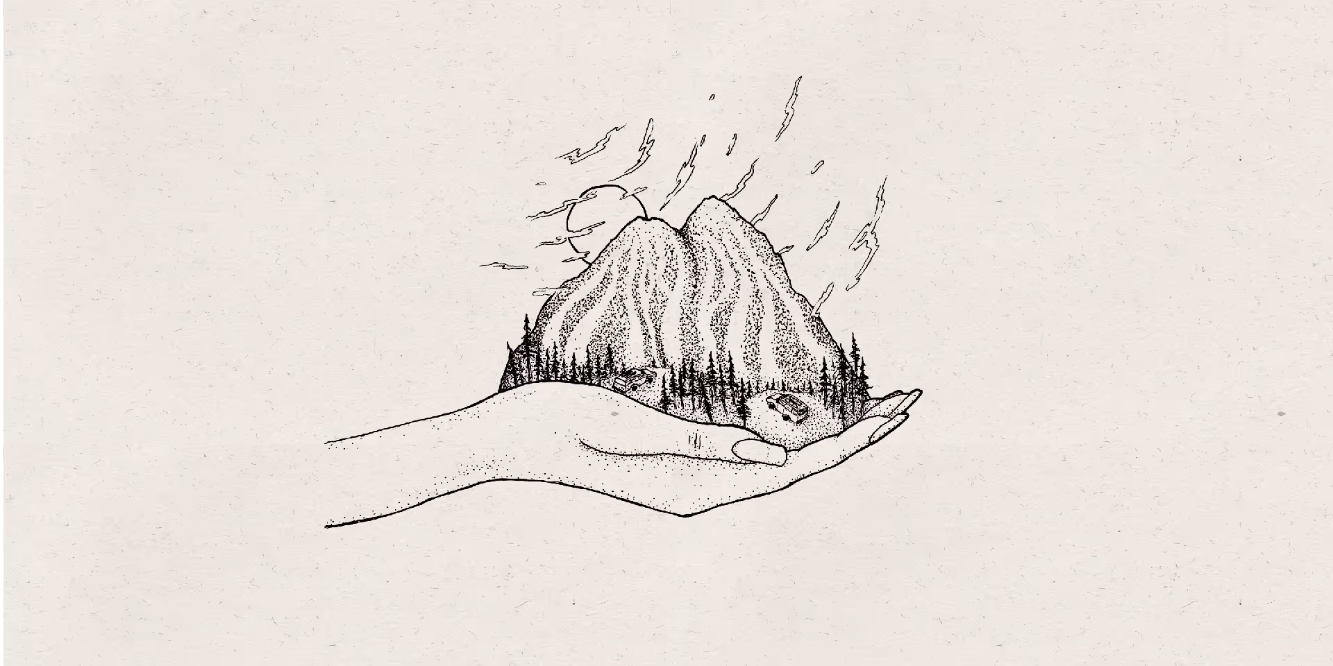 A graphic of a female hand holding a mountain 