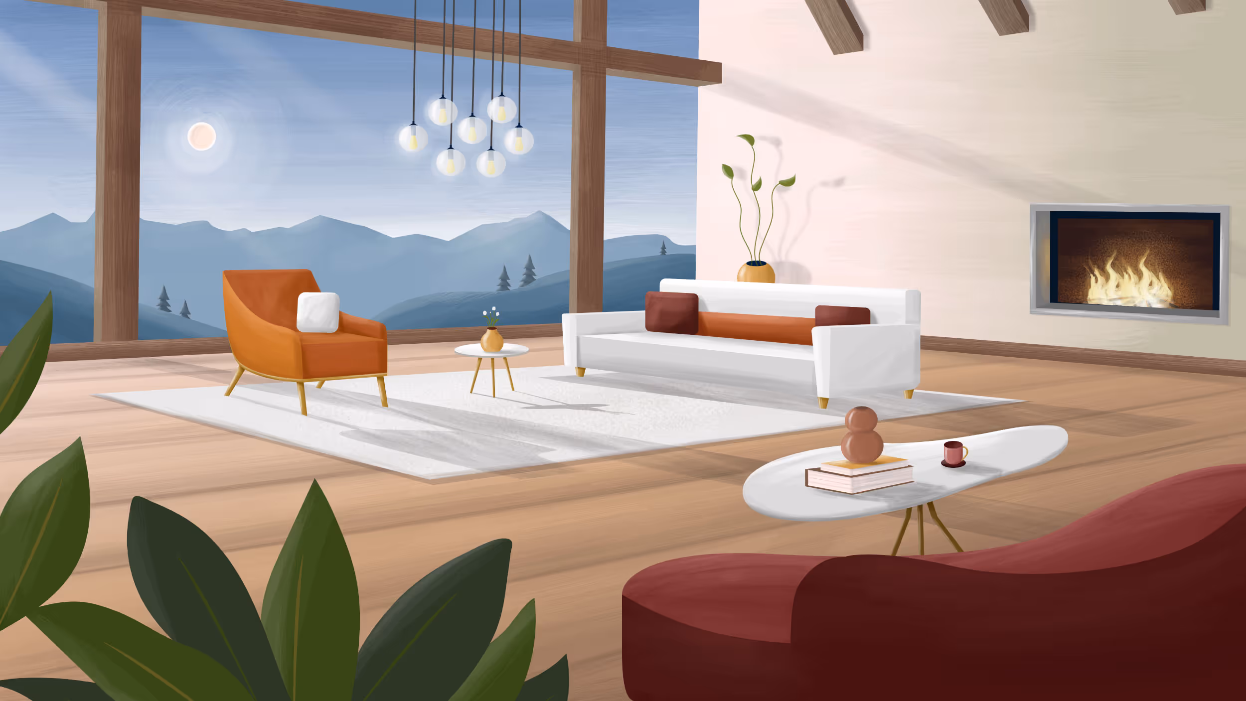A digital illustration of a large living area at the Yellowstone club with a large fire place and windows overlooking the mountains 