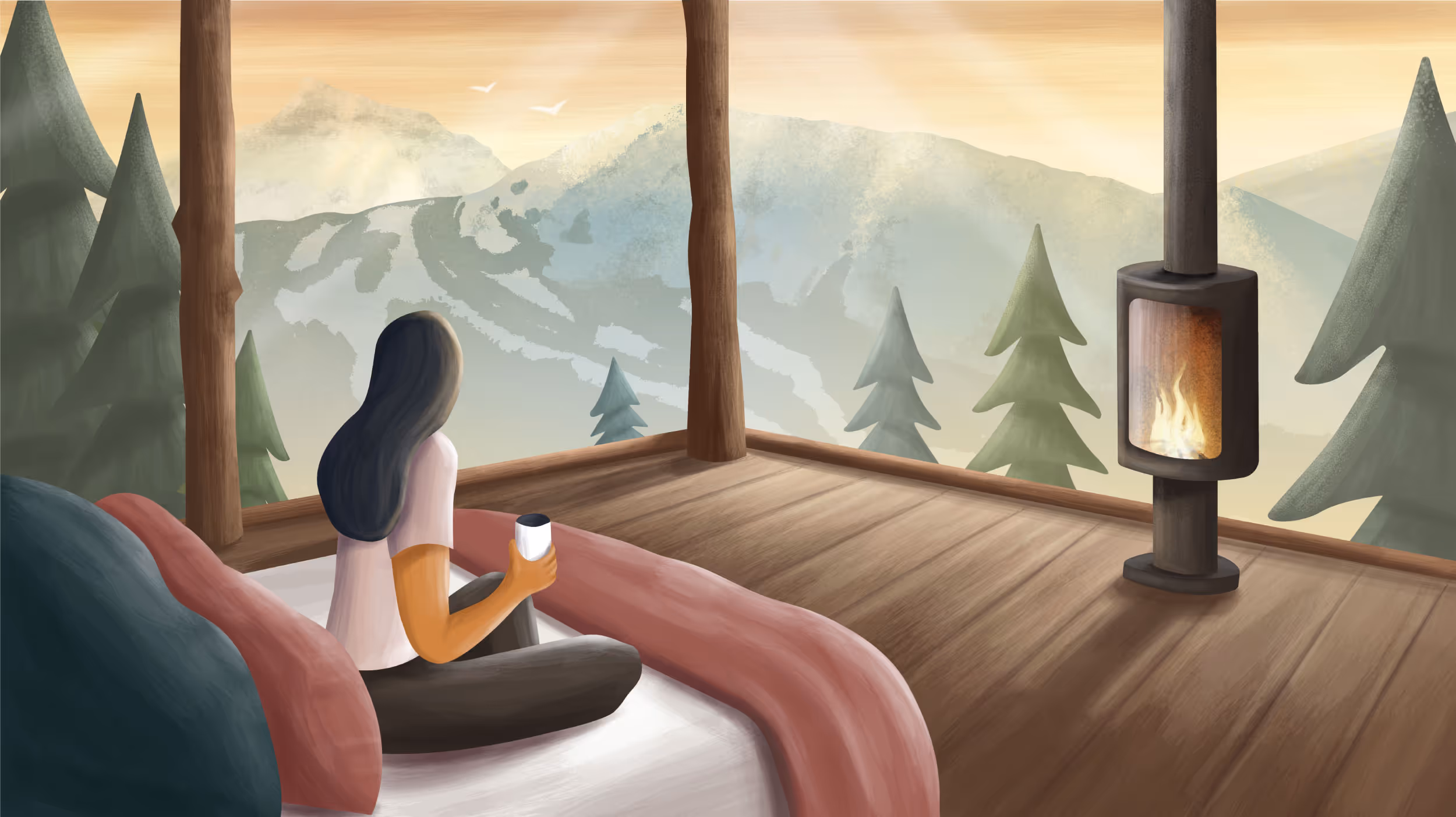 A digital illustration of a Yellowstone Club guest enjoying a cup of coffee in front of a fire place 