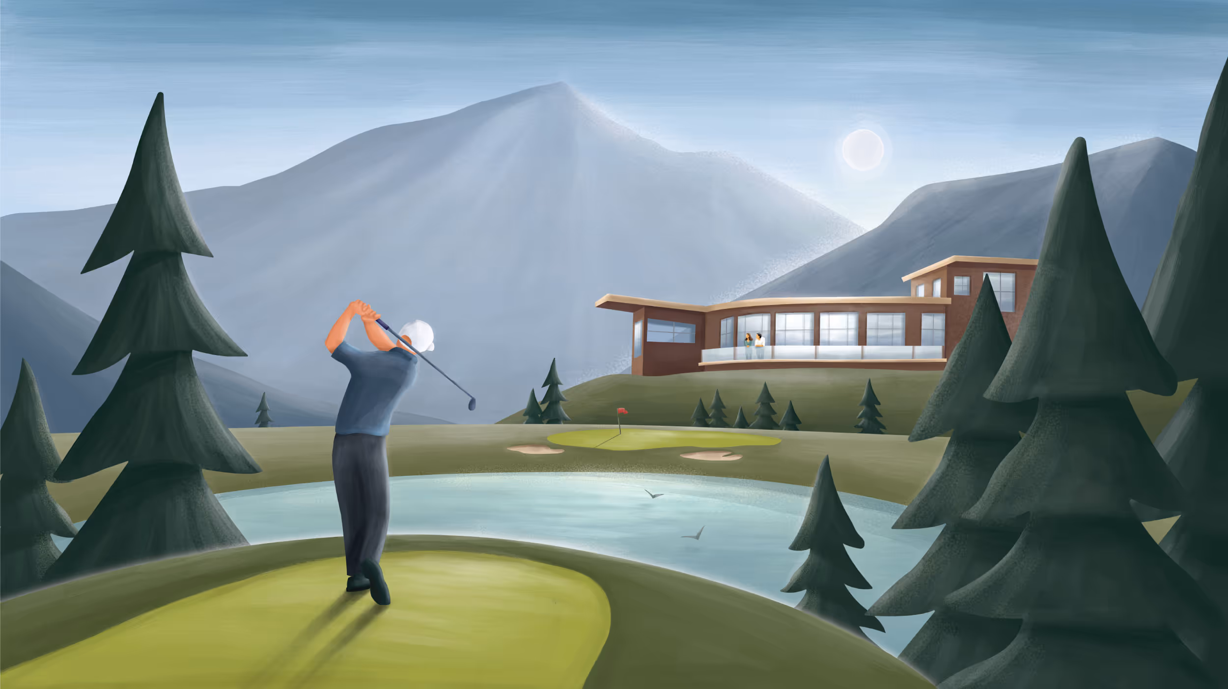 A digital graphic of a golfer golfing at the Yellowstone Club