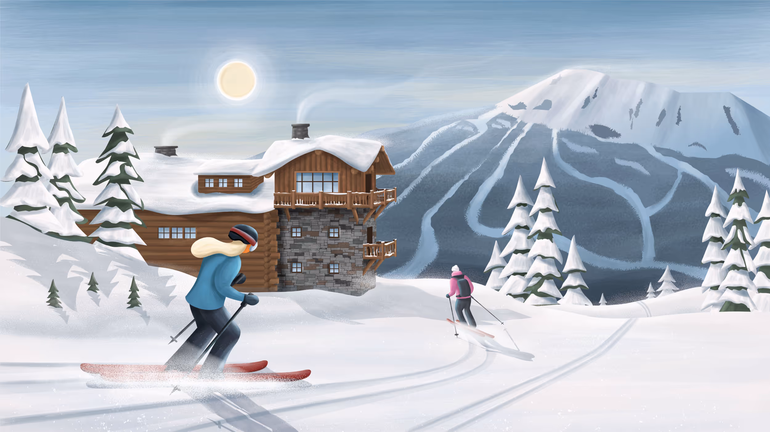 A digital illustration of skiers at the Yellowstone Club 