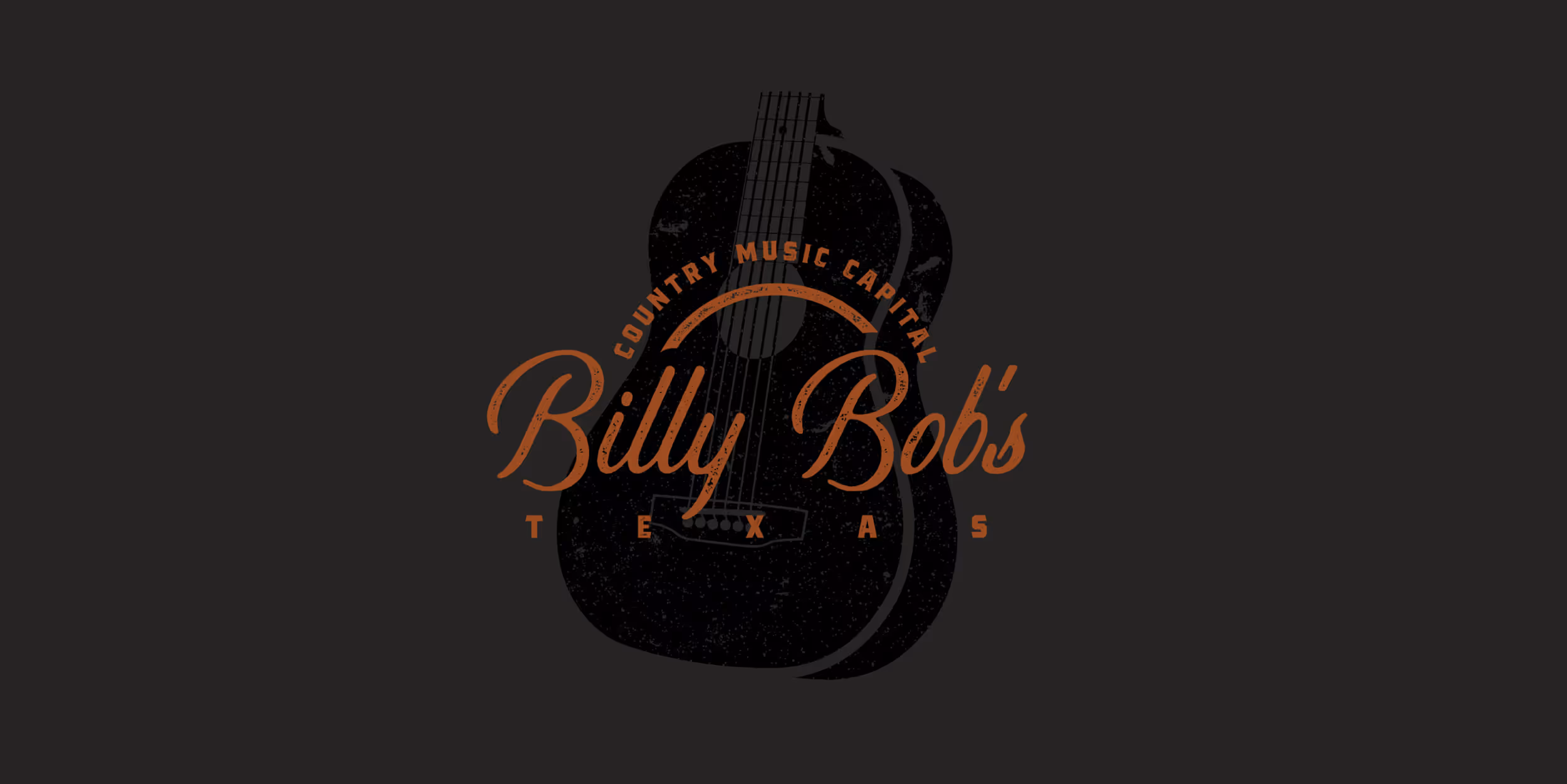 A dark-colored graphic of a guitar  with "Billy Bobs" in the foreground