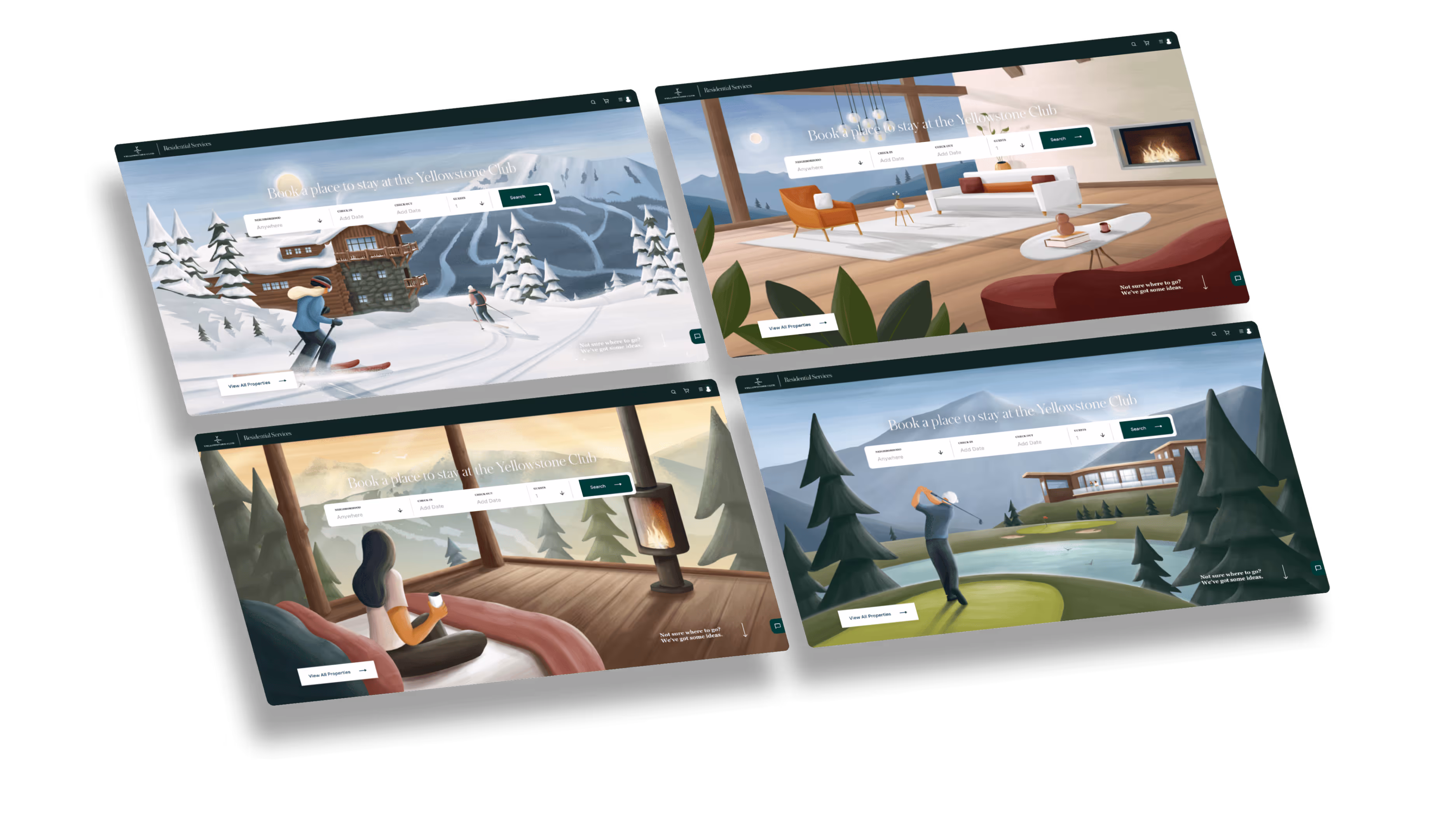 Some digital screenshots showing some digital images created by Charles Stemen Studio of some different aspects of the Yellowstone Club's updated website. 