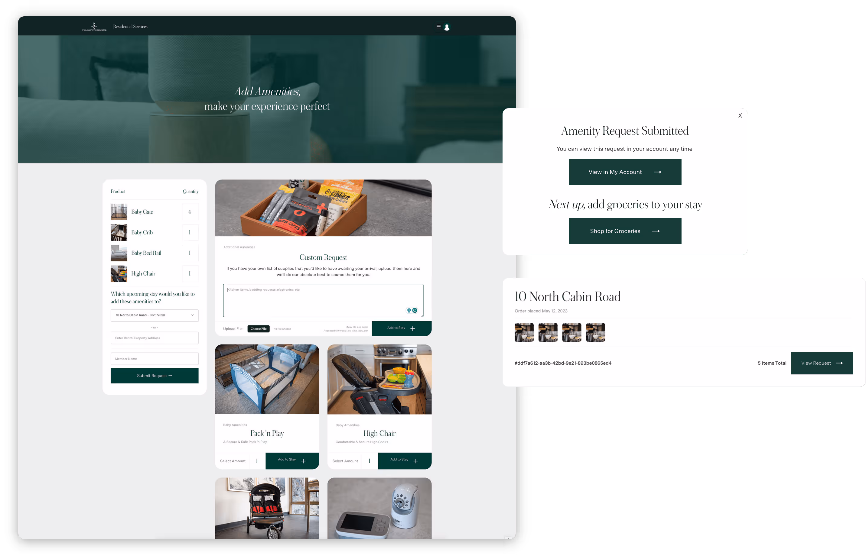 A screenshot of the new Yellowstone Club's website created by Charles Stemen Studio that shows the option for a user to add amenities to their rental after booking