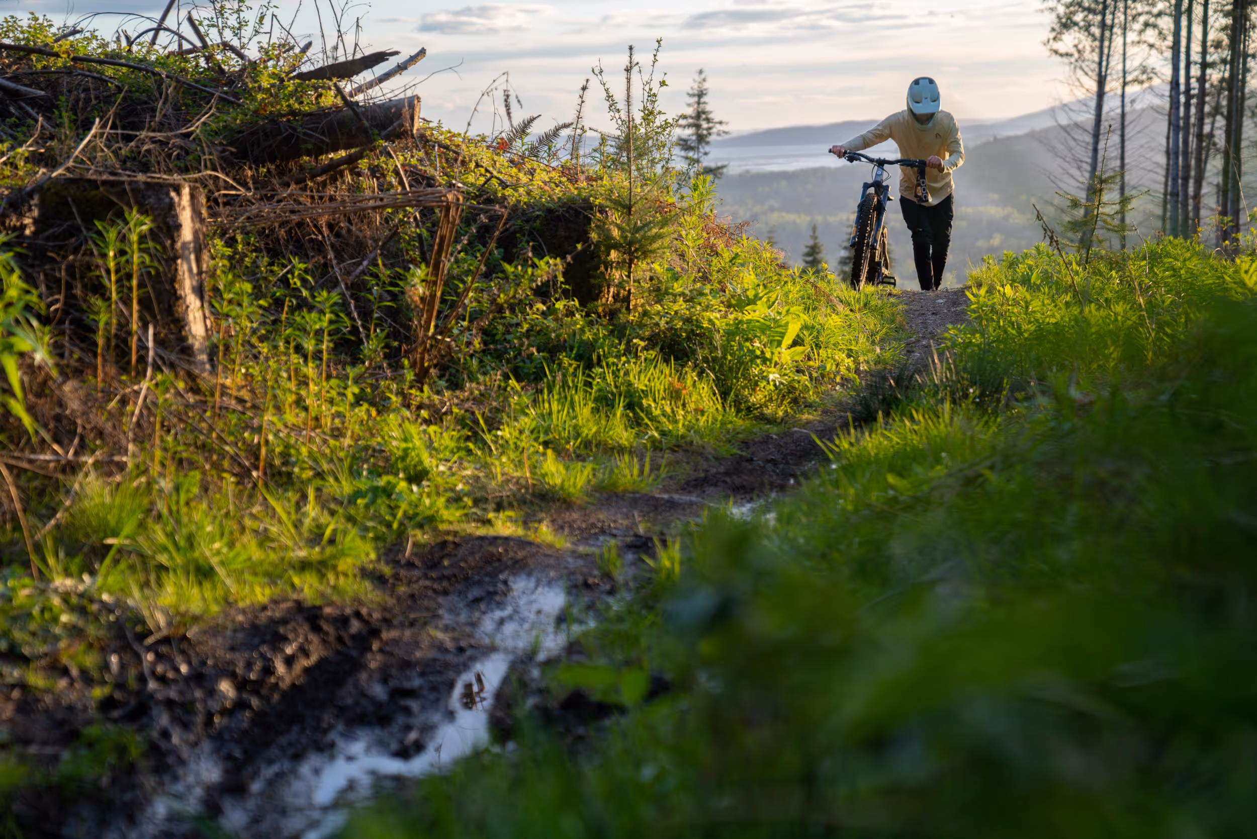 A mountain biker hiking their bike up a steep section of trail 