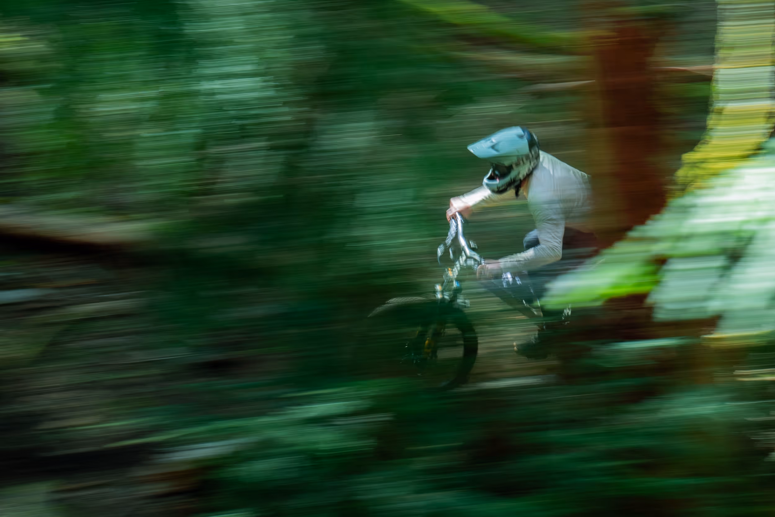 A mountain biker riding fast on a forested trail 