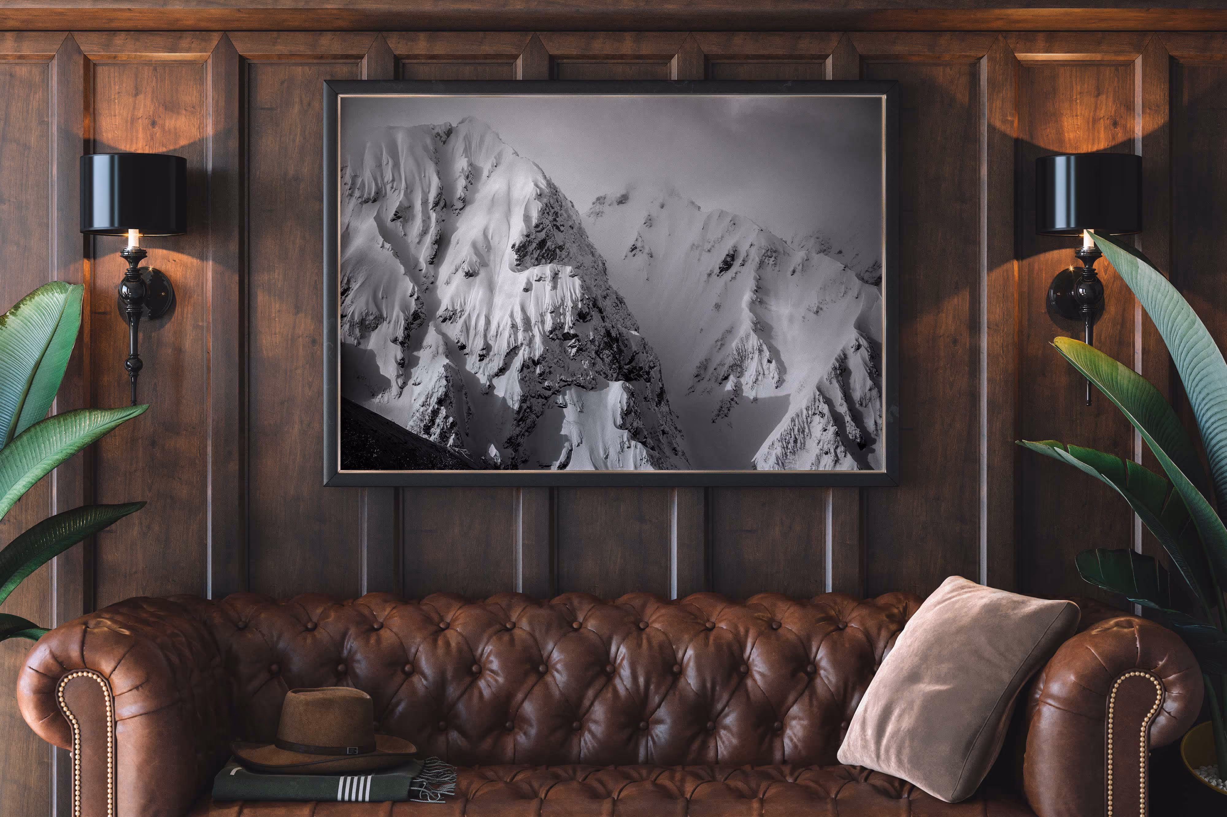 A framed print of a photo of some majestic mountains captured by Charles Stemen 
