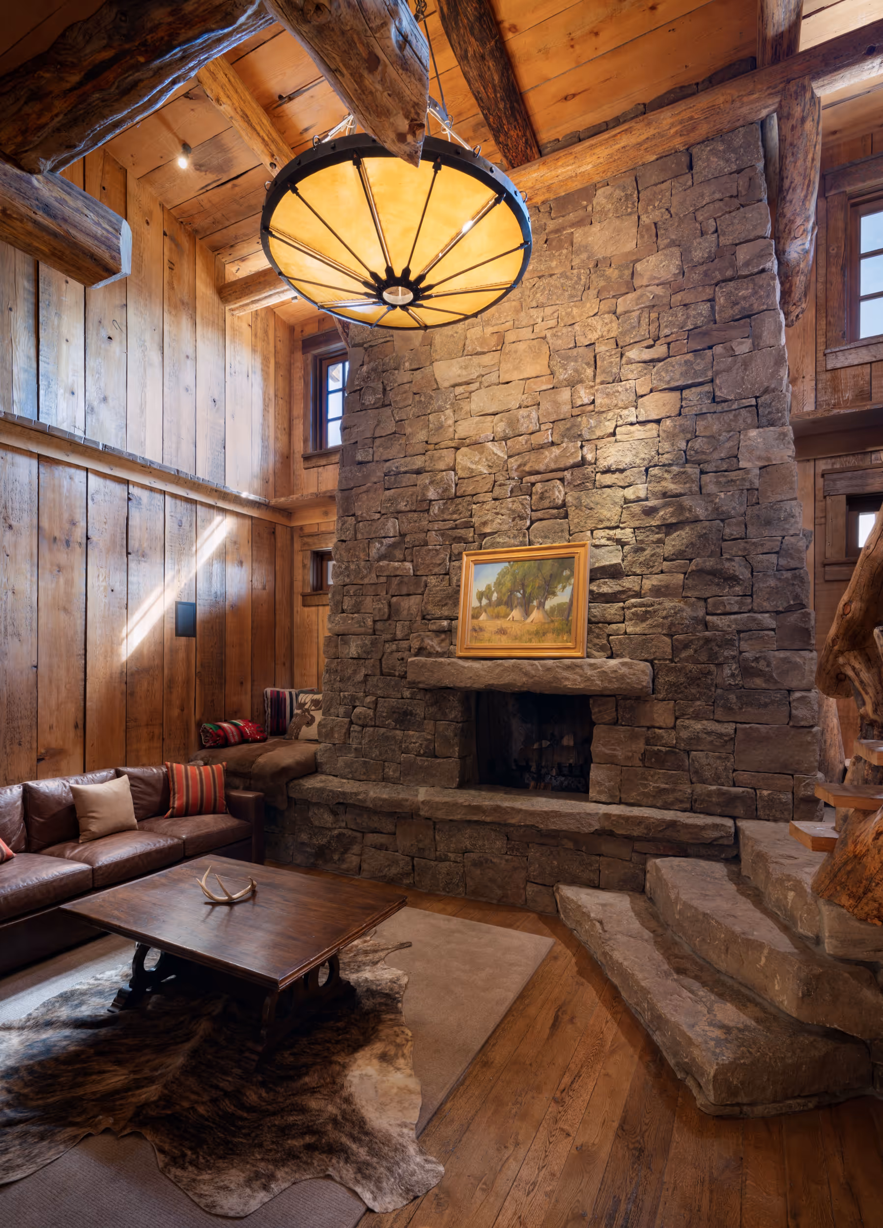 A large stone fireplace 