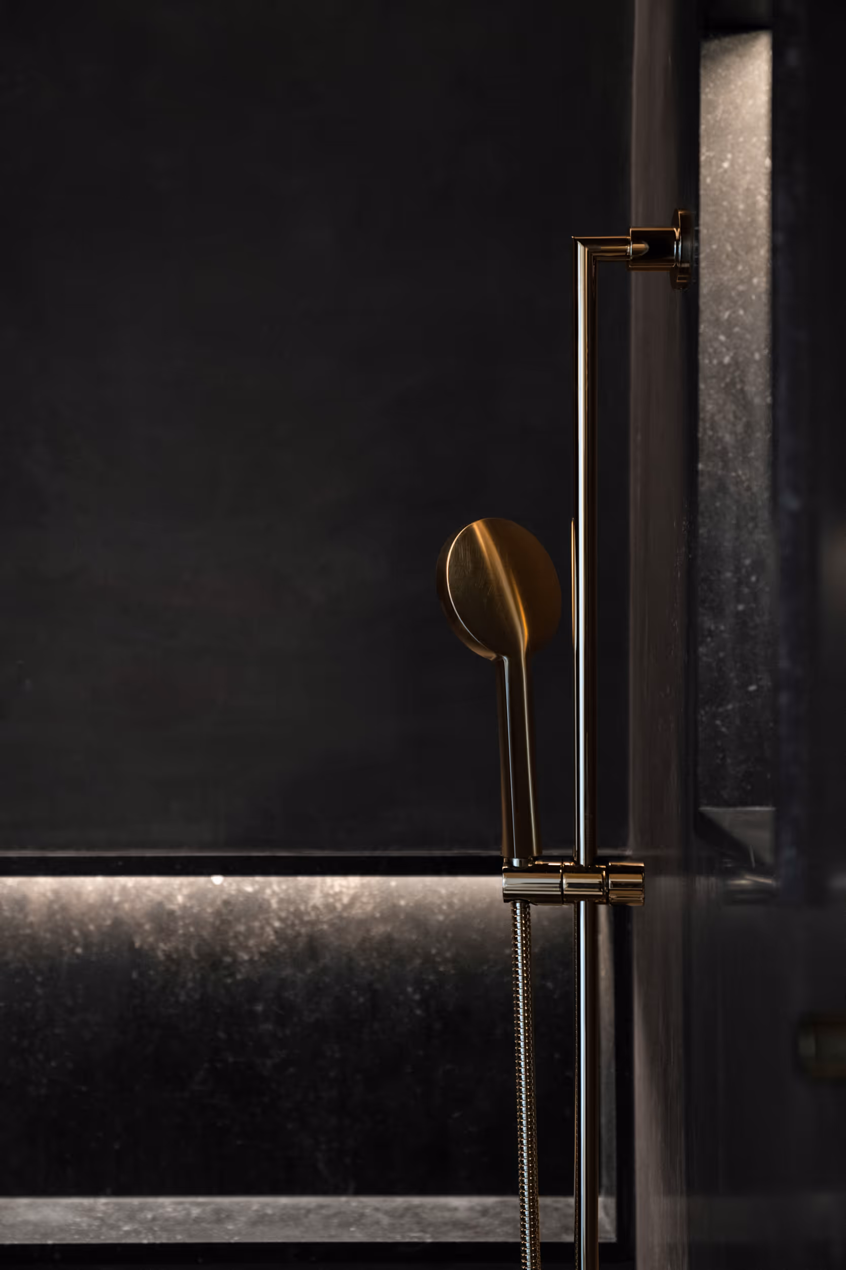 A gold chrome shower head standing out against the dark colored shower 