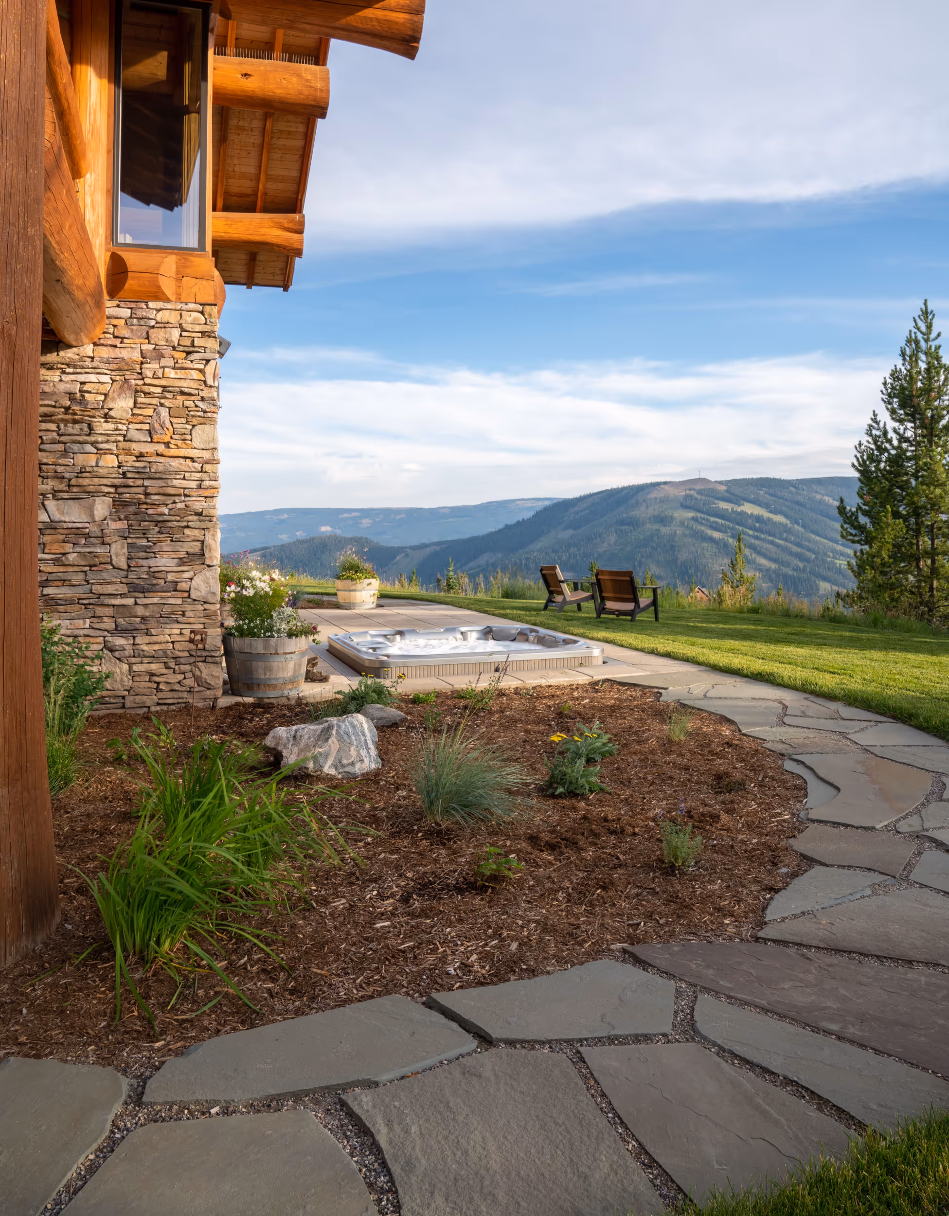 Looking away from the house towards the stone path overlooking the mountains