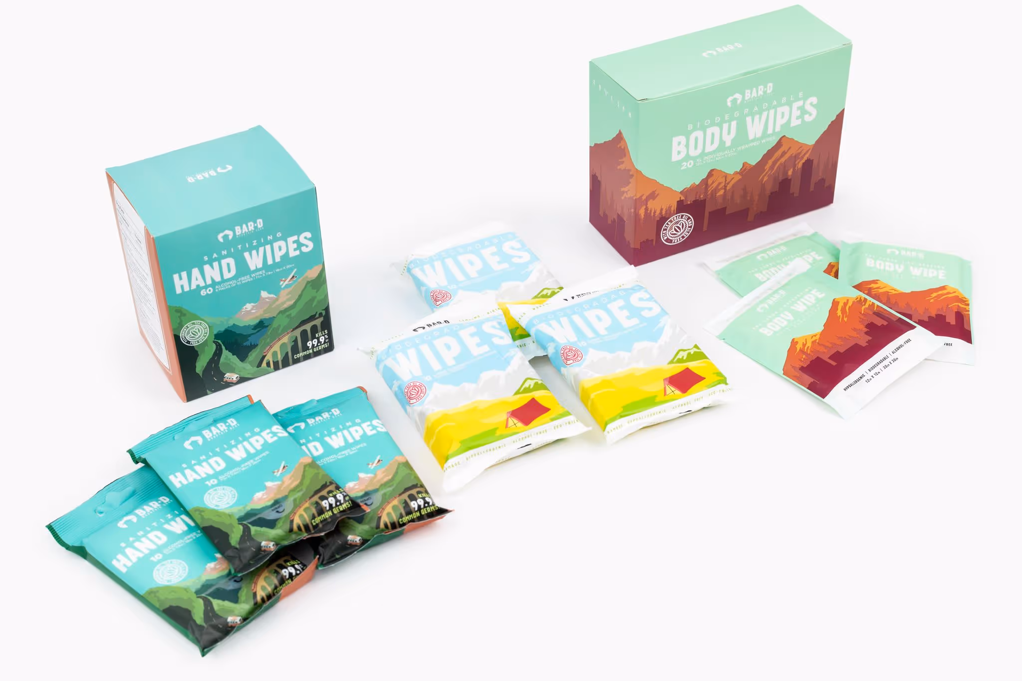 An assortment of Bar-D mountain gear body wipes 
