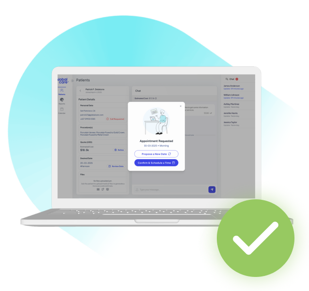 Laptop screen showing the Globalcare clinic dashboard with a patient’s profile and an appointment request popup. A large green checkmark overlay indicates confirmation or completion.