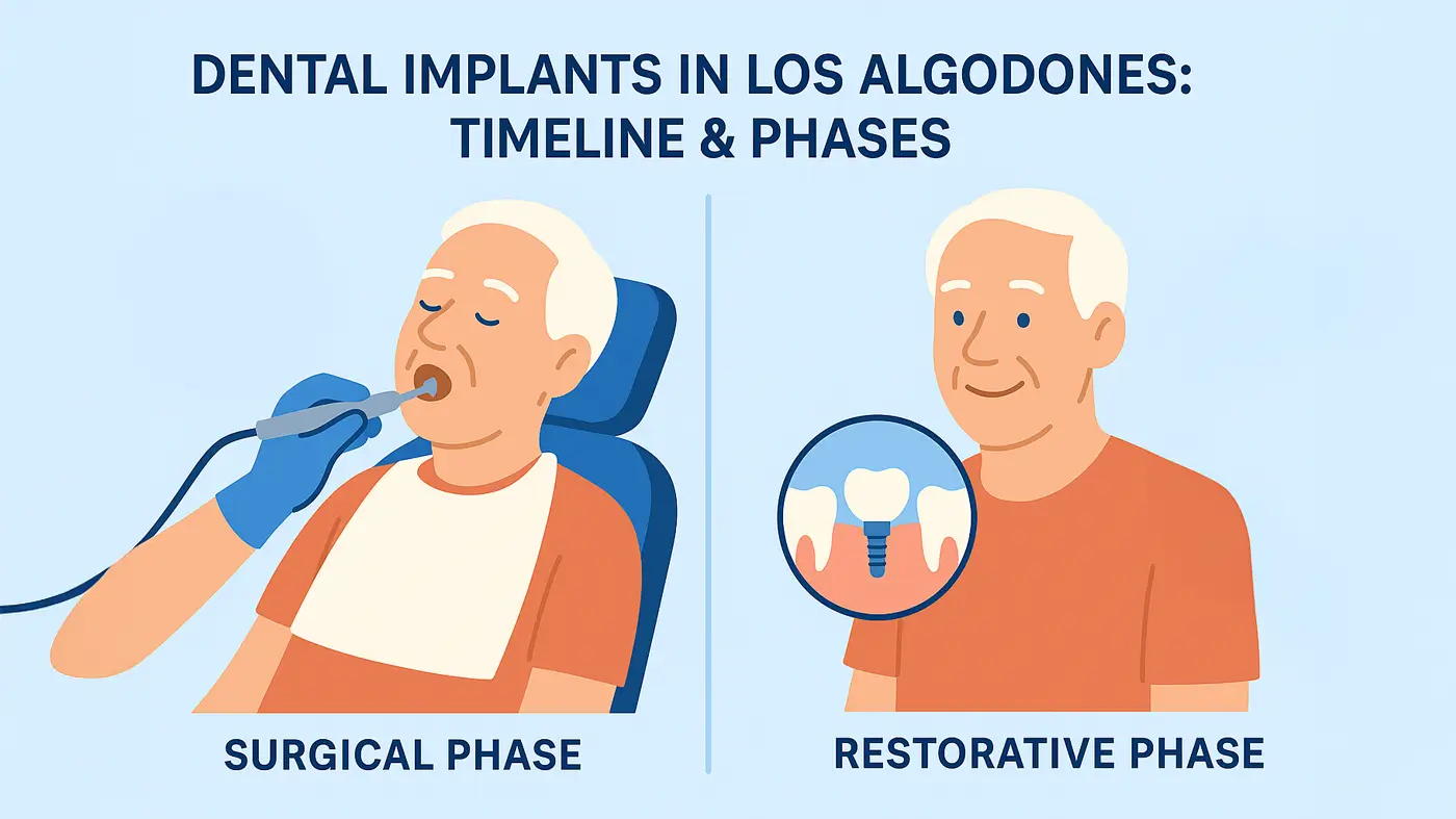 Illustration detailing the surgical and restorative phases of the dental implant process for a patient in Los Algodones.
