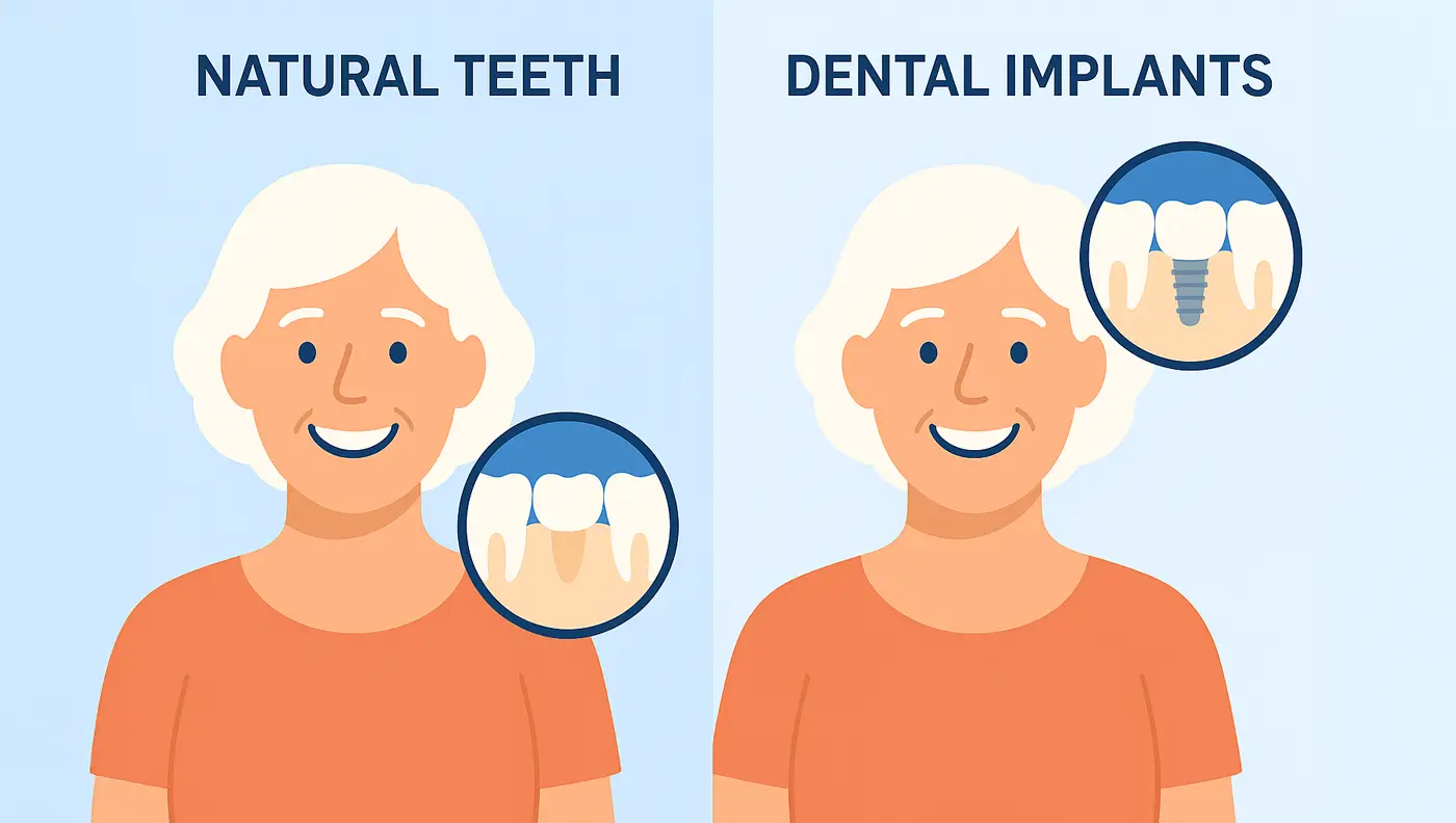 Side-by-side illustration comparing a woman's smile with natural teeth to her smile after receiving a dental implant.