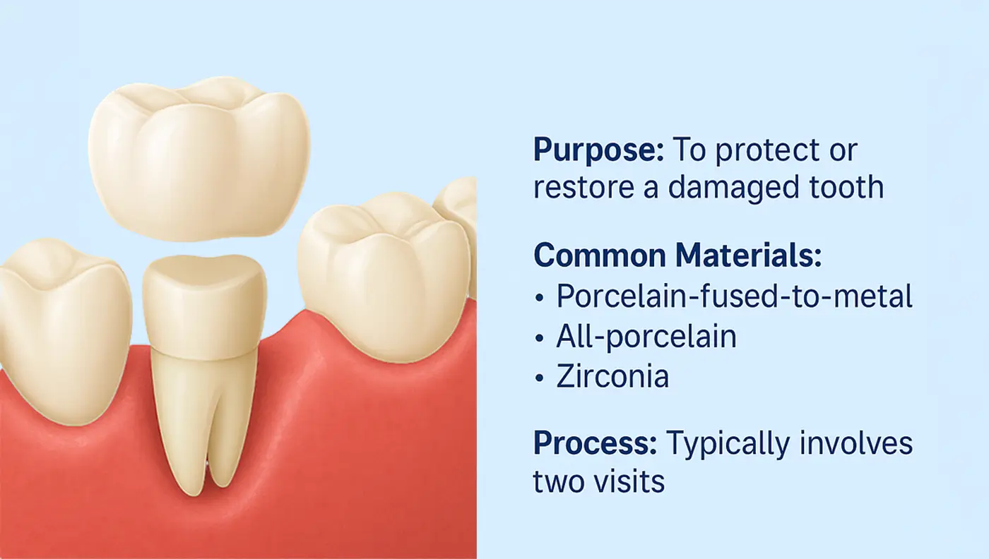 Infographic showing a dental crown being placed on a molar, listing materials like porcelain and zirconia, and the typical process.