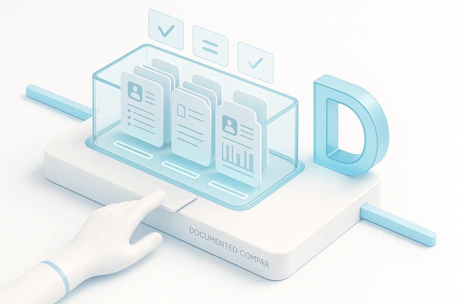 Illustration of documents being organized and verified in a comparison system to evaluate dental clinics and compare written quotes.