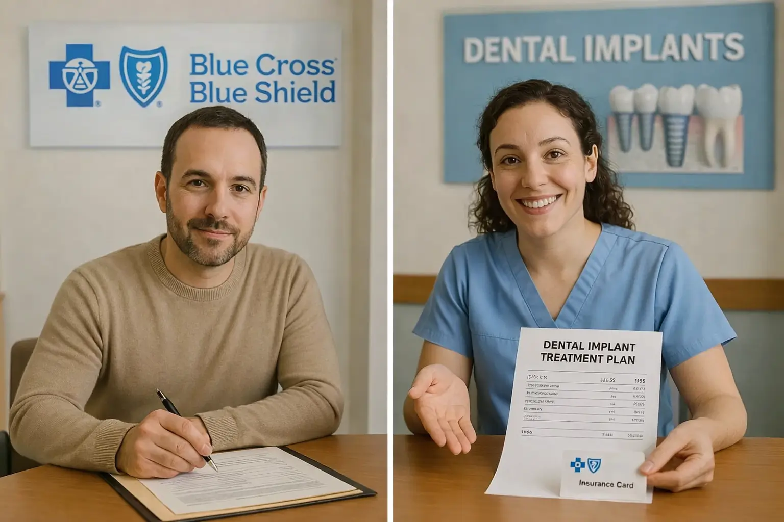 Man reviewing dental insurance options next to a dentist showing a treatment plan for dental implants covered by Blue Cross Blue Shield.