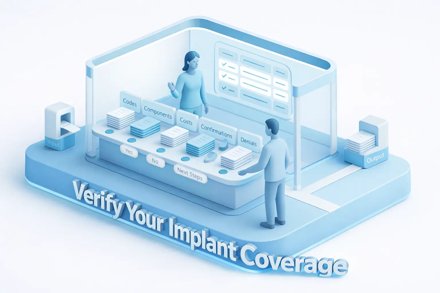 3D isometric illustration showing the step-by-step process to verify Blue Cross Blue Shield dental implant coverage, including checking procedure codes, costs, and confirmations.