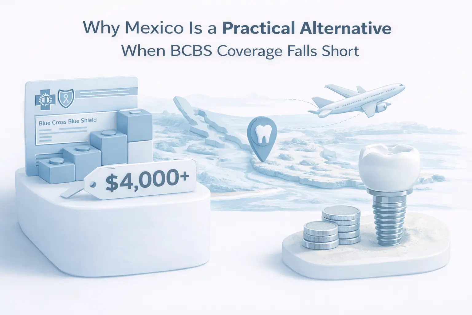 3D infographic illustrating Mexico as an affordable dental implant alternative when Blue Cross Blue Shield coverage is insufficient, showing potential cost savings.