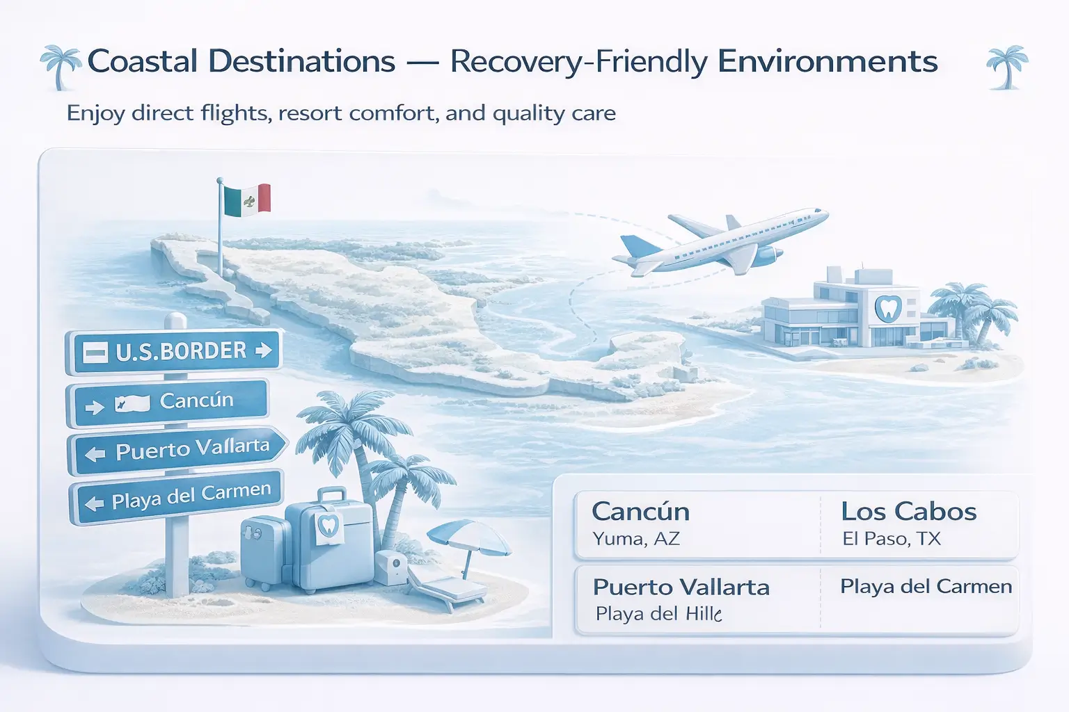 Infographic showing coastal dental tourism destinations in Mexico like Cancun, Los Cabos, and Puerto Vallarta for recovery-friendly dental implant care.