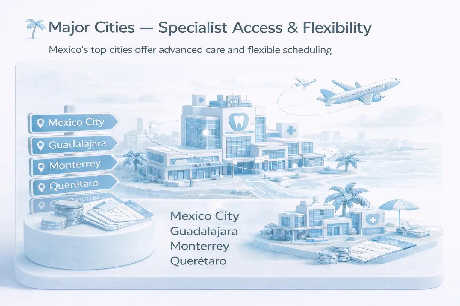 Infographic listing major Mexican cities for dental implant specialist access, including Mexico City, Guadalajara, Monterrey, and Querétaro with direct flight routes.